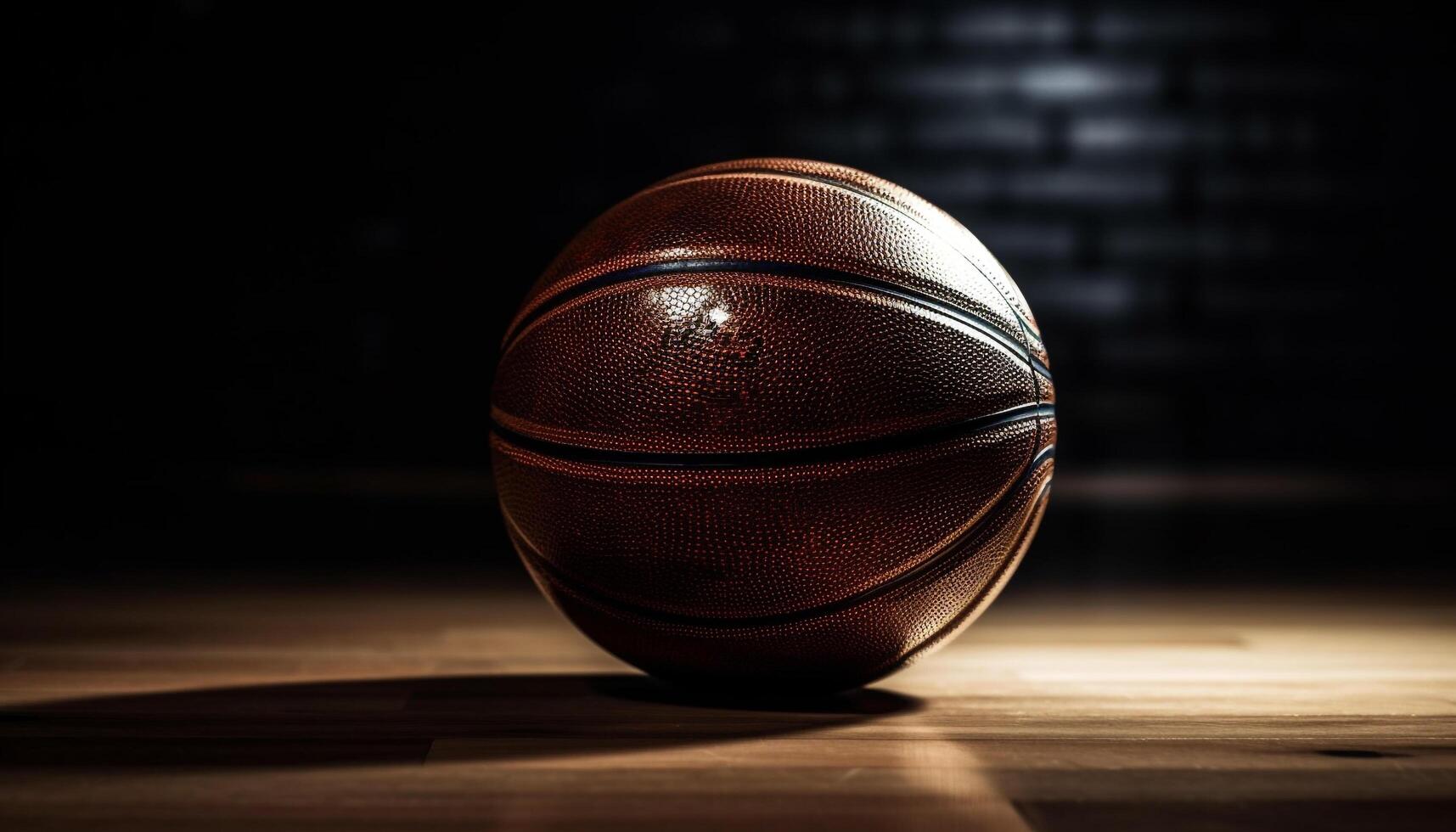 oranje basketbal Aan hardhout vloer, verlichte in donker gymzaal gegenereerd door ai foto