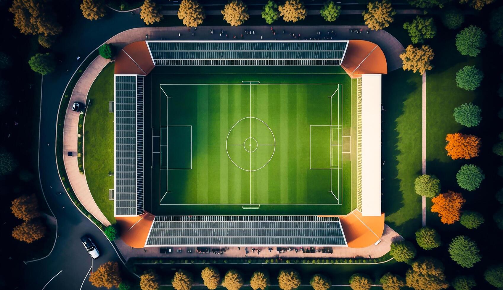 top visie van voetbal stadion Bij de middag, generatief ai foto