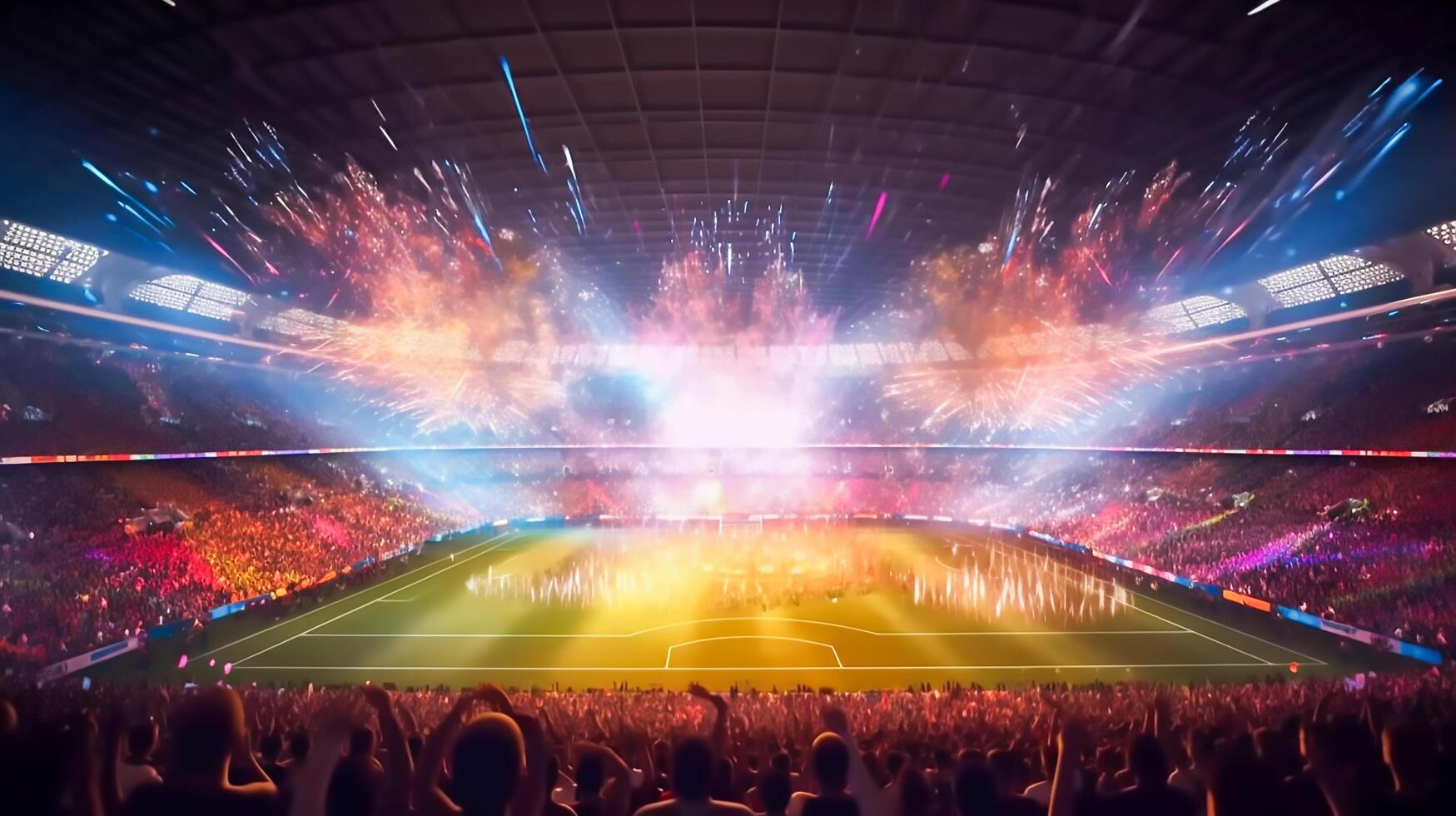 visie binnen voetbal stadion met fans Aan stadion spel en publiek mensen viering met spotlight kleurrijk verlichting achtergrond, generatief ai foto