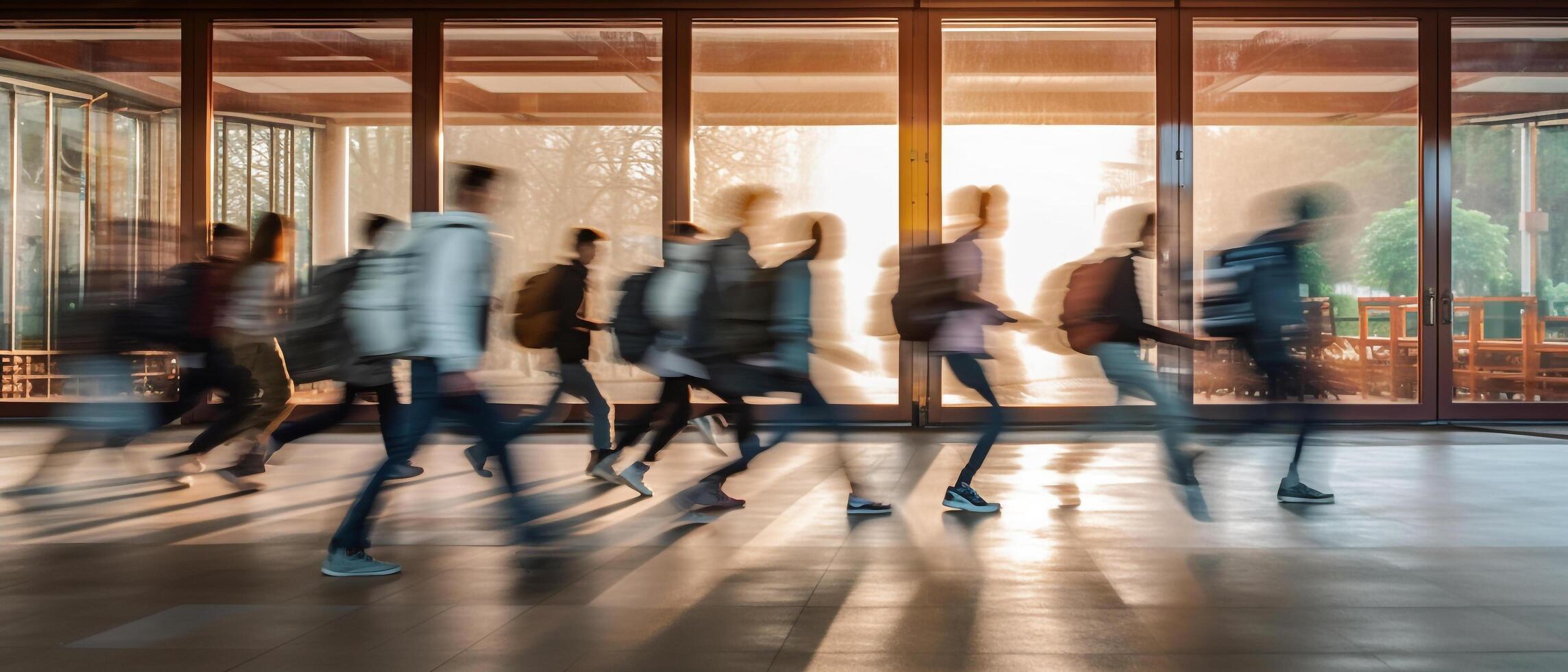 wazig groep van jong studenten gaan naar klasse in snel beweging, generatief ai foto