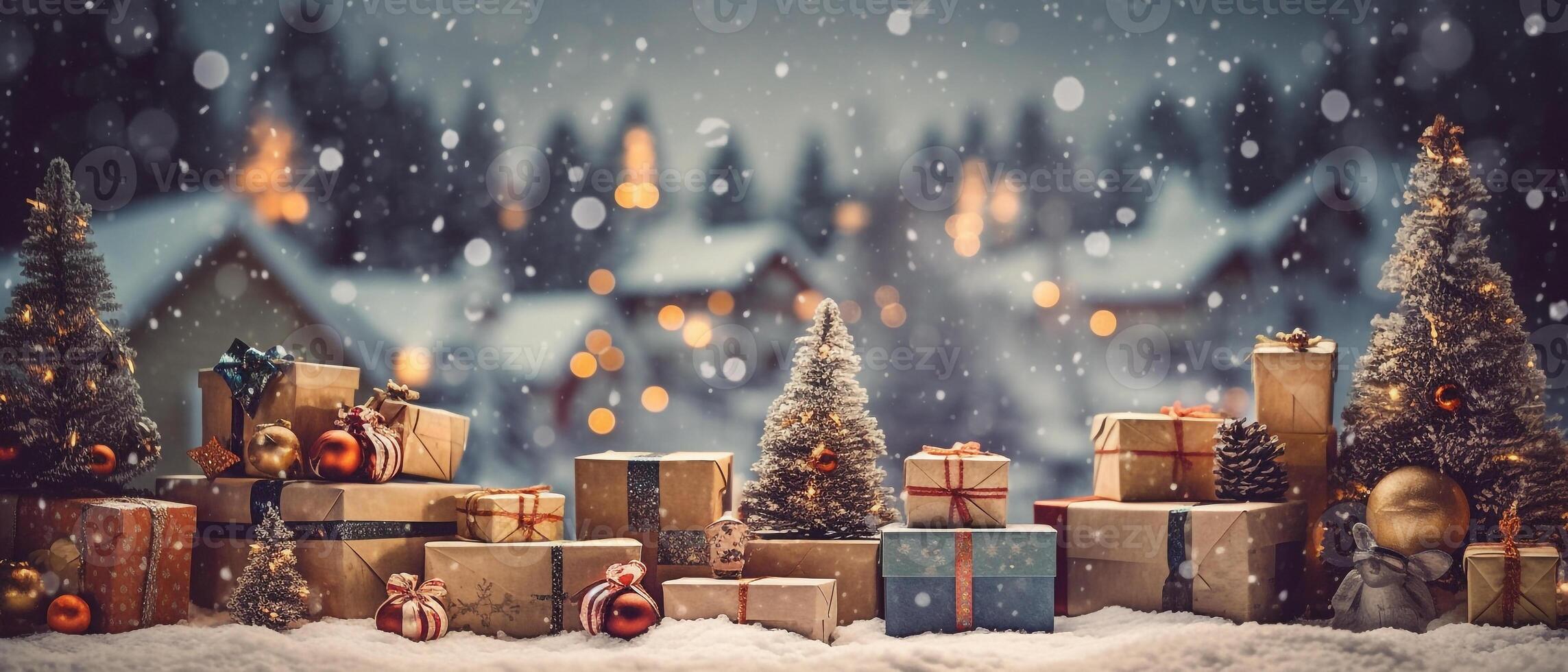 Kerstmis banier achtergrond, wijnoogst geschenk dozen en ballen Aan vol met sneeuw, generatief ai foto