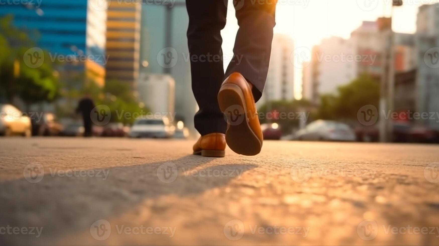 zakenman wandelen Aan weg en begin naar succes, dichtbij omhoog schoenen wandelen, doel en doelwit concept, generatief ai foto