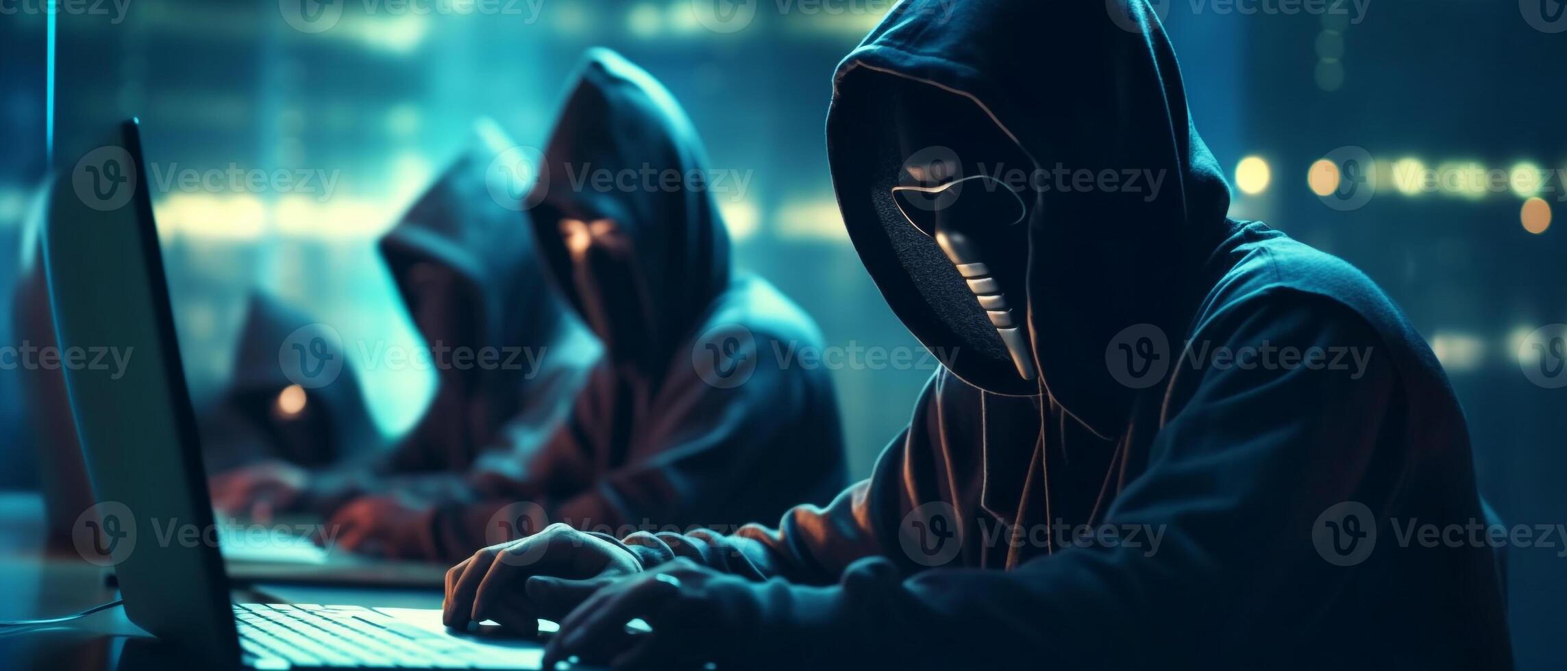 hackers met hoodies. hacker groep team in voorkant laptop in modern kantoor, generatief ai foto