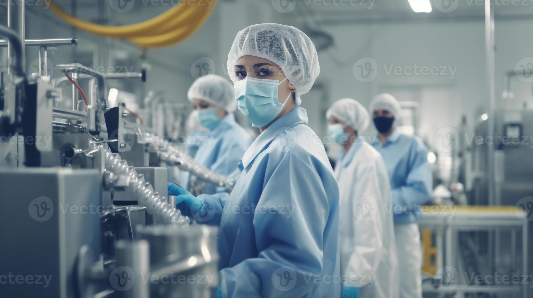 personeel vervelend gezicht masker in uniform controleren drinken drank in industrie Bij transportband riem productie lijn machine in drank fabriek, generatief ai foto