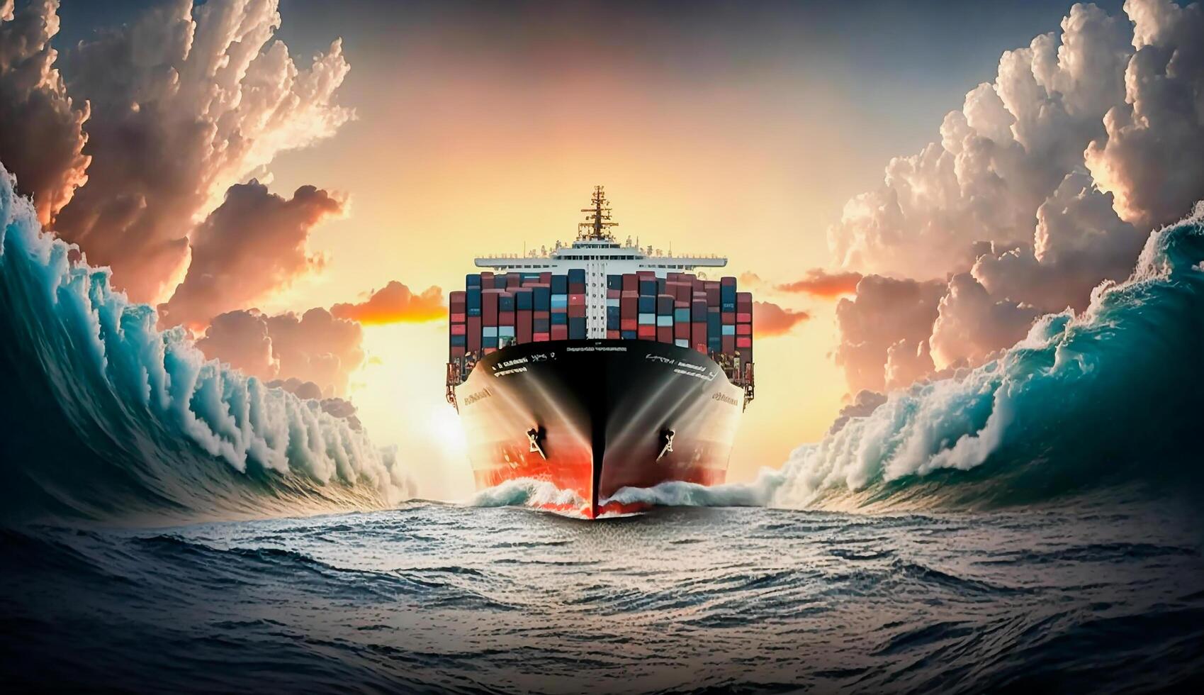 houder groot schip Aan oceaan en groot Golf, bedrijf logistiek importeren - exporteren vervoer in zonsondergang, ai generatief. foto