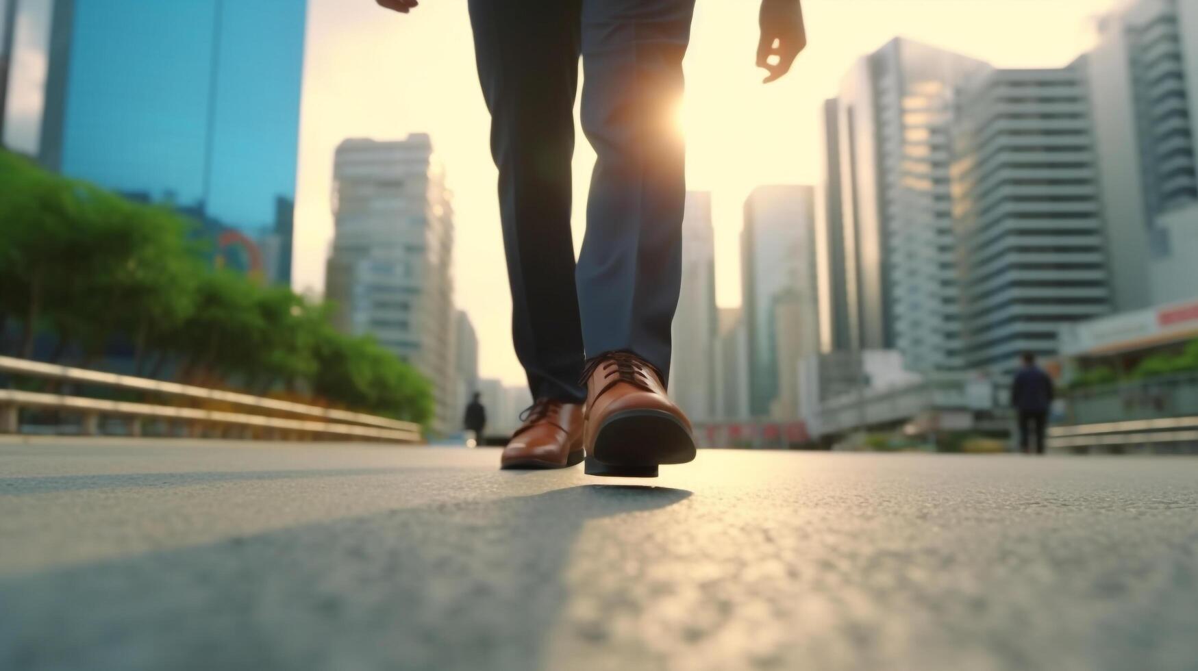 zakenman wandelen Aan weg en begin naar succes, dichtbij omhoog schoenen wandelen, doel en doelwit concept, generatief ai foto