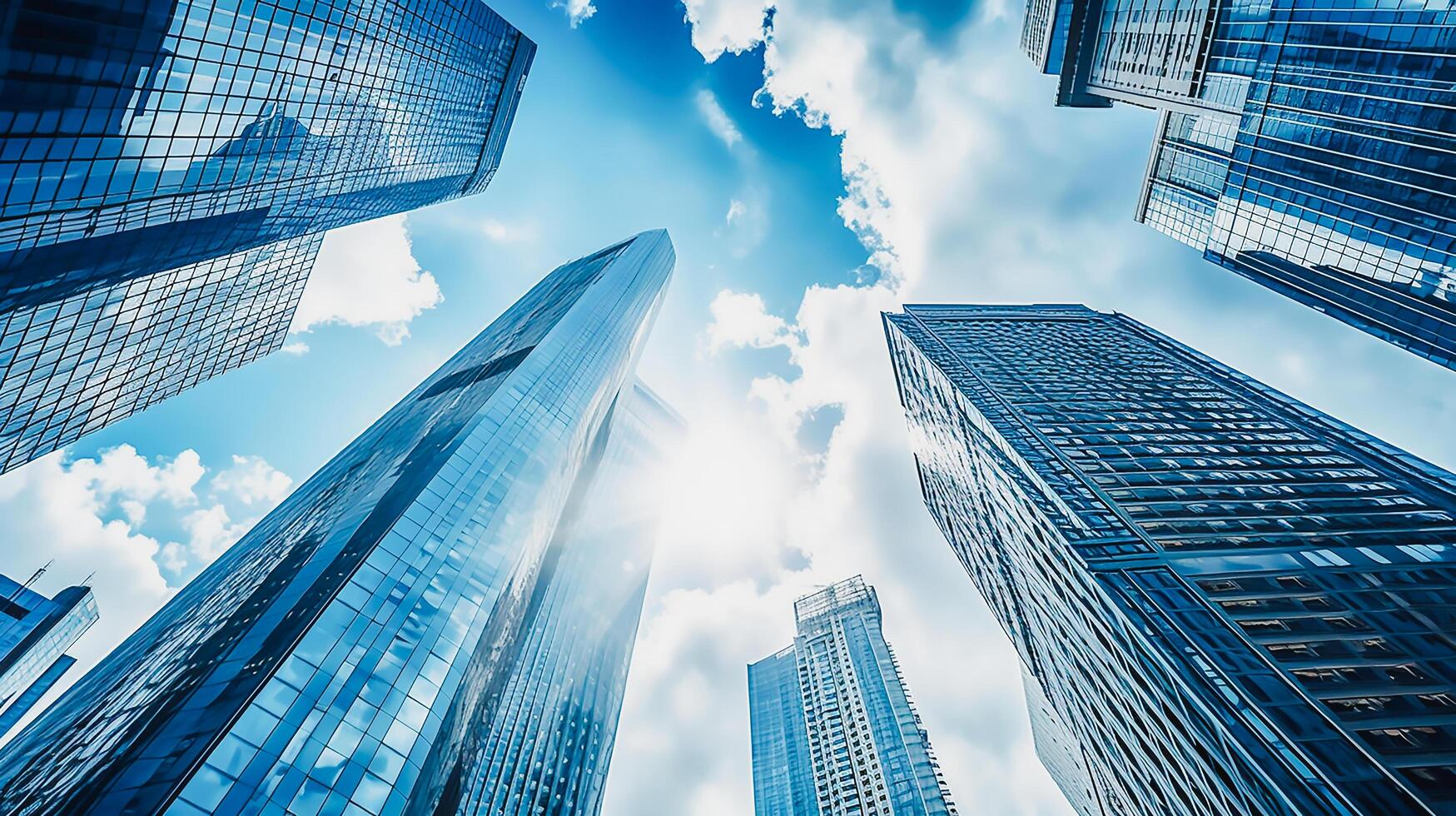 modern wolkenkrabbers, bedrijf kantoor gebouwen met blauw lucht, ai generatief foto