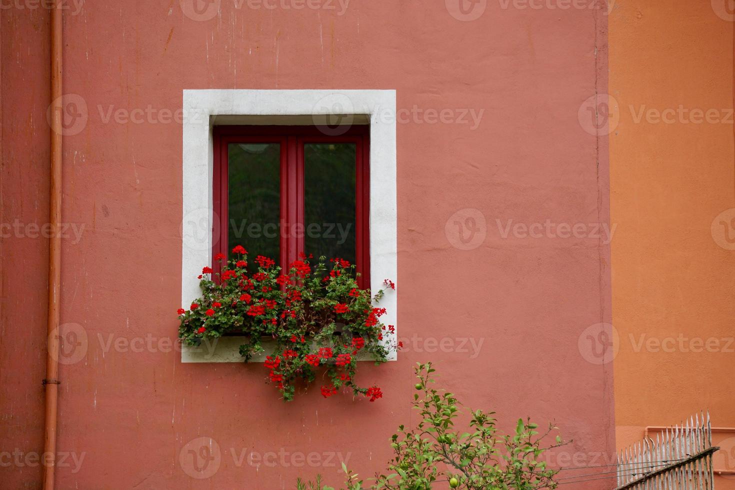 raam op de rode gevel van het huis foto