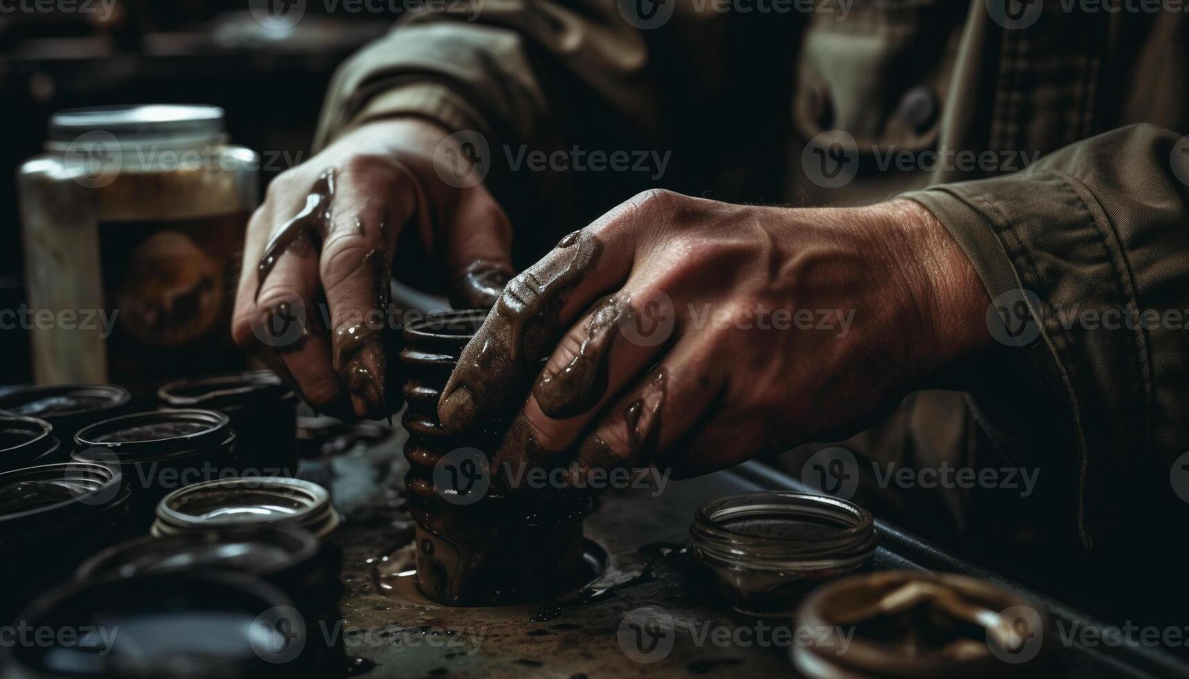 vakman handen vorm klei Aan pottenbakkerij wiel gegenereerd door ai foto