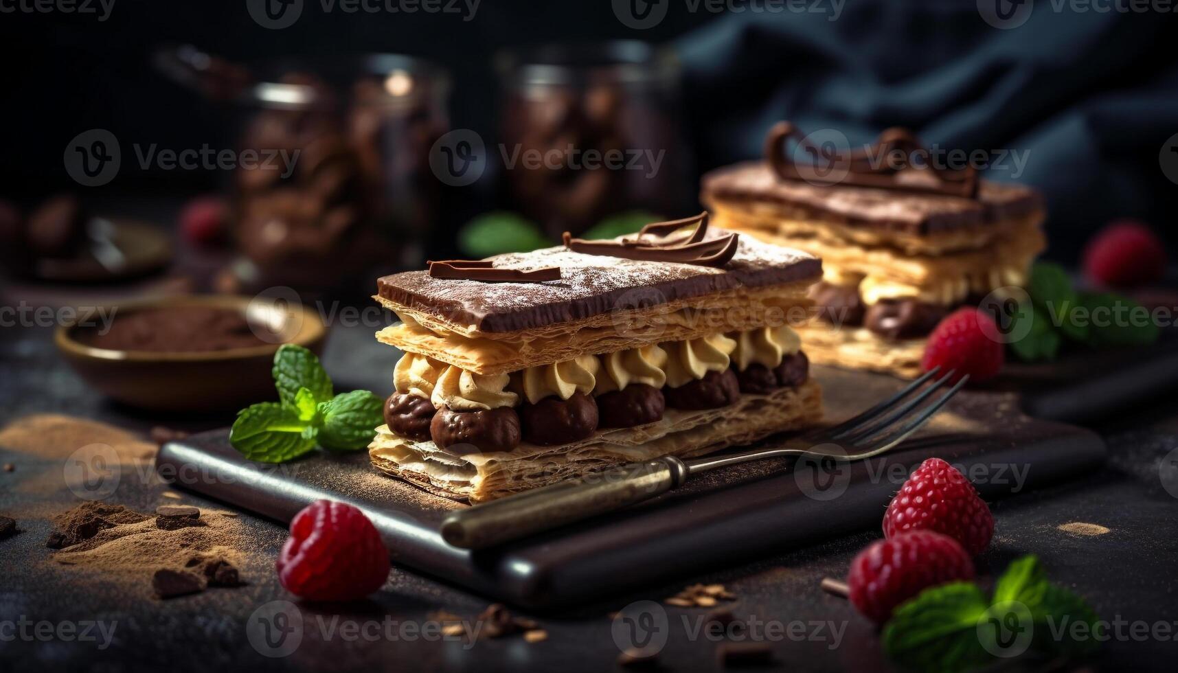 toegeeflijk toetje bord chocola, framboos, wafel, BES gegenereerd door ai foto