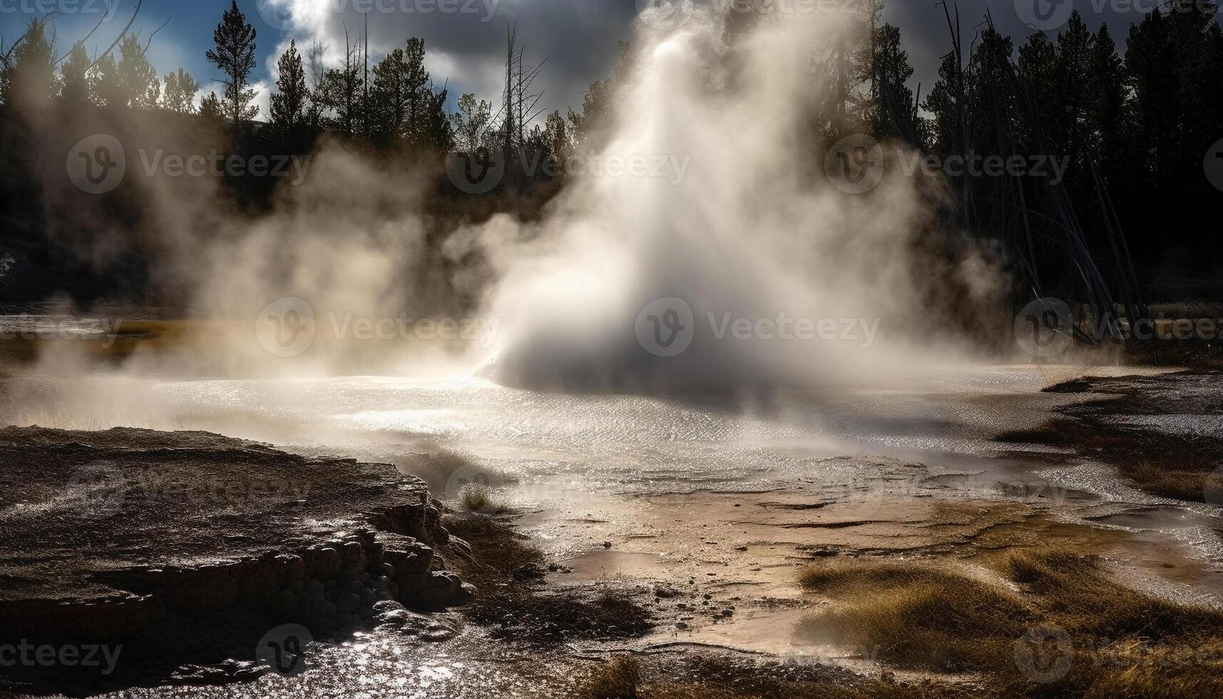 koken geiser sprays vloeistof in extreem terrein gegenereerd door ai foto