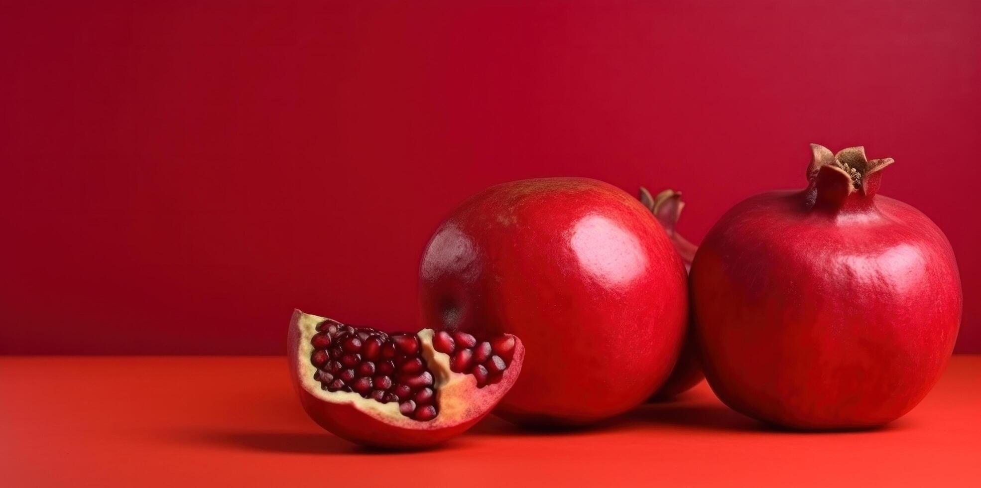 granaatappel fruit Aan rood achtergrond. illustratie ai generatief foto