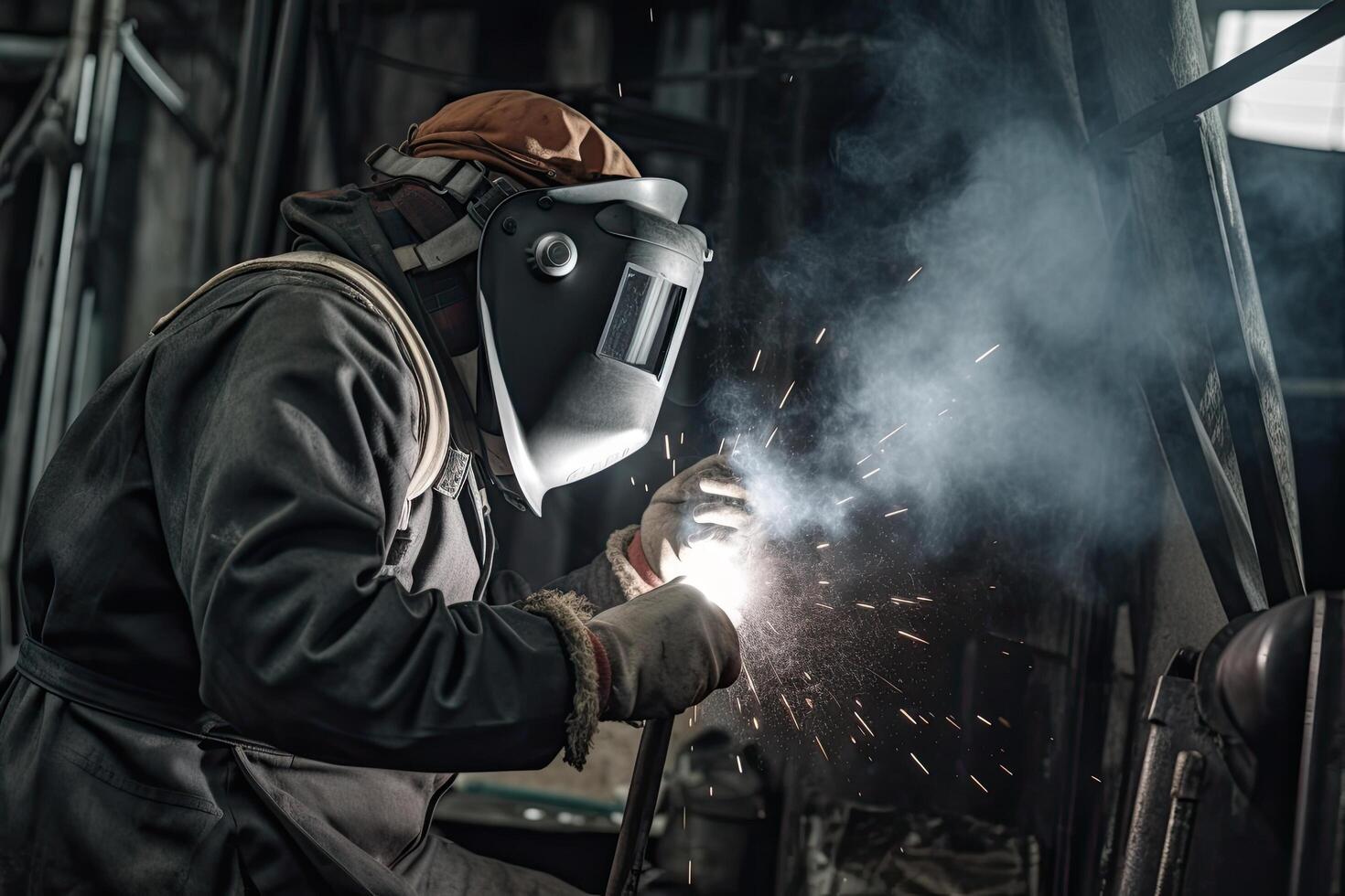 lasser in beschermend masker lassen metaal Bij fabriek. industrieel en bouw concept. een arbeider vervelend een lassen helm lassen een metaal deel, afgeschermd van vonken, ai gegenereerd foto