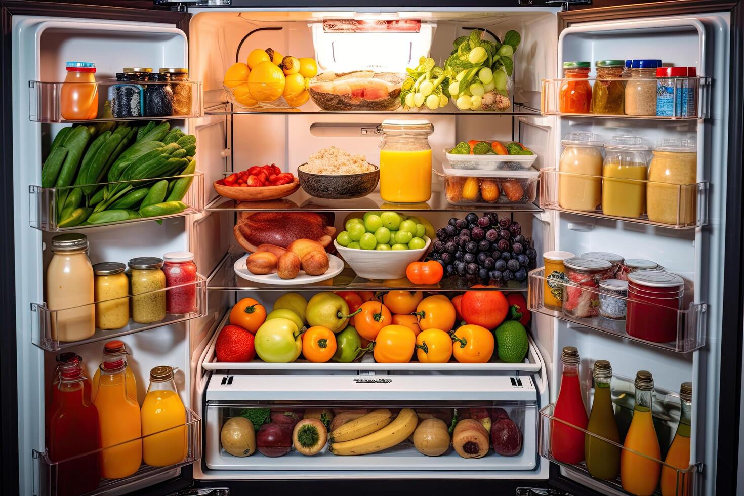 koelkast vol van gezond voedsel, fruit en groenten, horizontaal, een geopend koelkast vol van vers fruit en groenten, ai gegenereerd foto