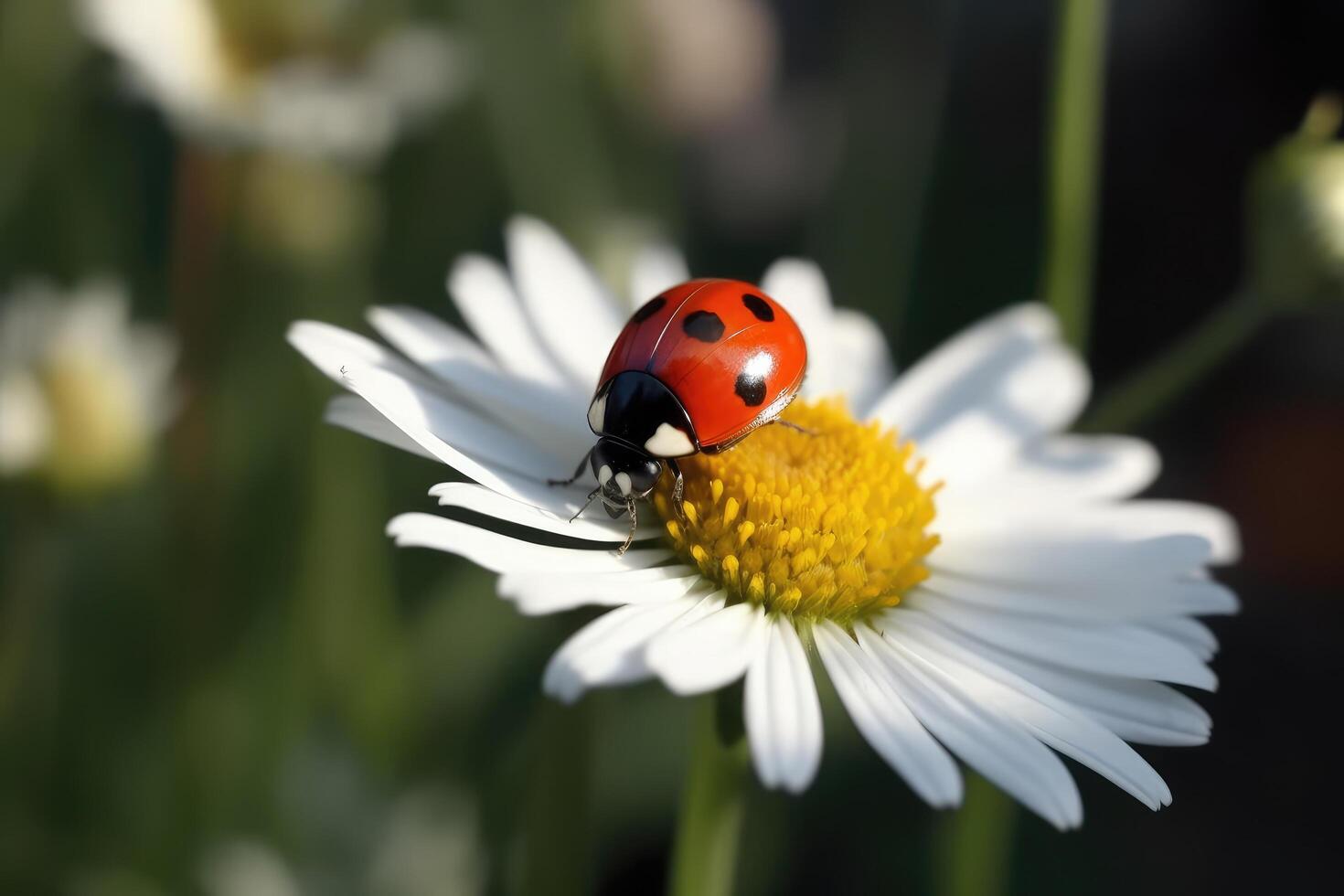 lieveheersbeestje Aan een madeliefje bloem in de tuin, een schattig rood lieveheersbeestje Aan een wit kamille bloem met levendig groen bladeren, ai gegenereerd foto