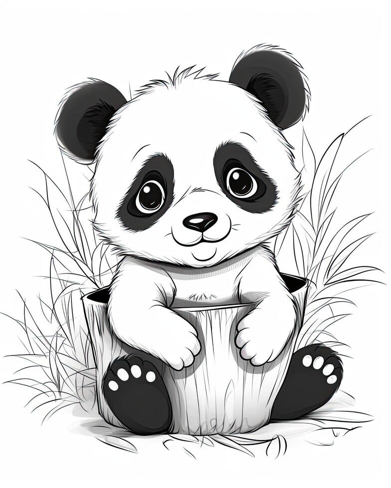 zwart en wit baby panda illustratie. schattig baby panda zittend reeks ontwerp Aan een wit achtergrond. zwart en wit panda welp aan het eten bamboe illustratie bundel. baby panda illustratie. ai gegenereerd. foto