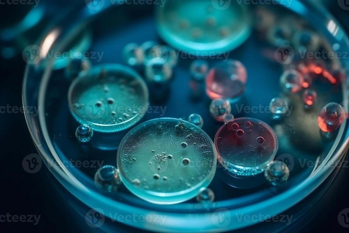 bacterie en virus cellen in een Petri schotel in een wetenschappelijk laboratorium. gietvorm culturen. experimenteel voor biochemie, biotechnologie, biologisch wetenschap laboratorium. ai gegenereerd. foto