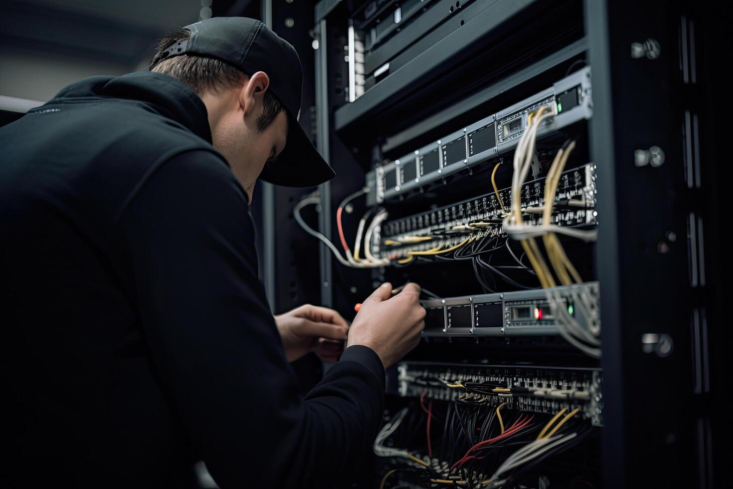 technicus repareren server in gegevens centrum. technologie en internet concept. een het ingenieur dichtbij omhoog schot van vaststelling server probleem, ai gegenereerd foto