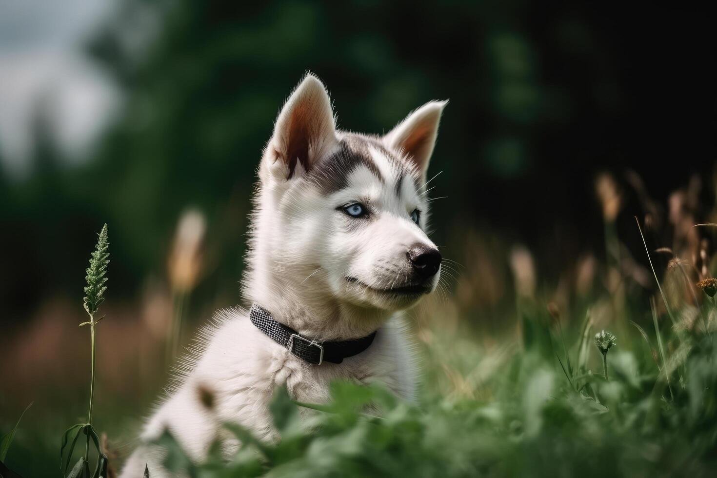 Siberisch schor puppy zittend Aan de gras in de park, schattig Siberisch schor puppy zittend in de groen veld, ai gegenereerd foto