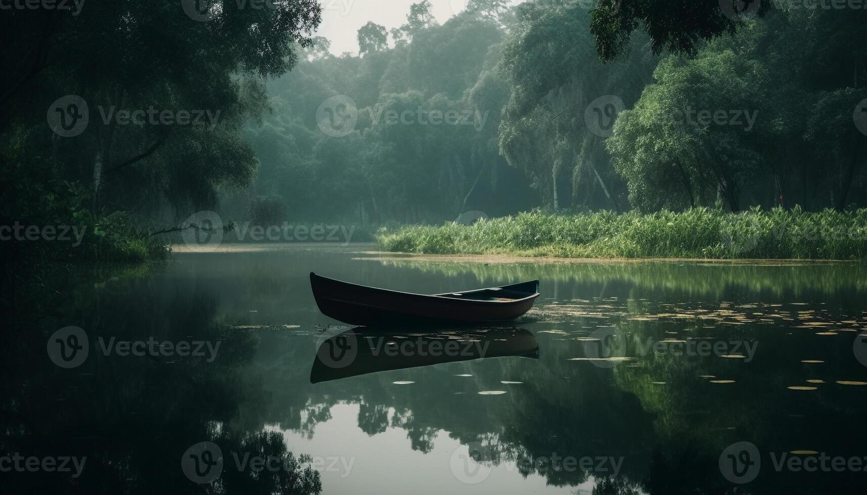 rustig tafereel van roeiboot Aan nat vijver in herfst Woud gegenereerd door ai foto