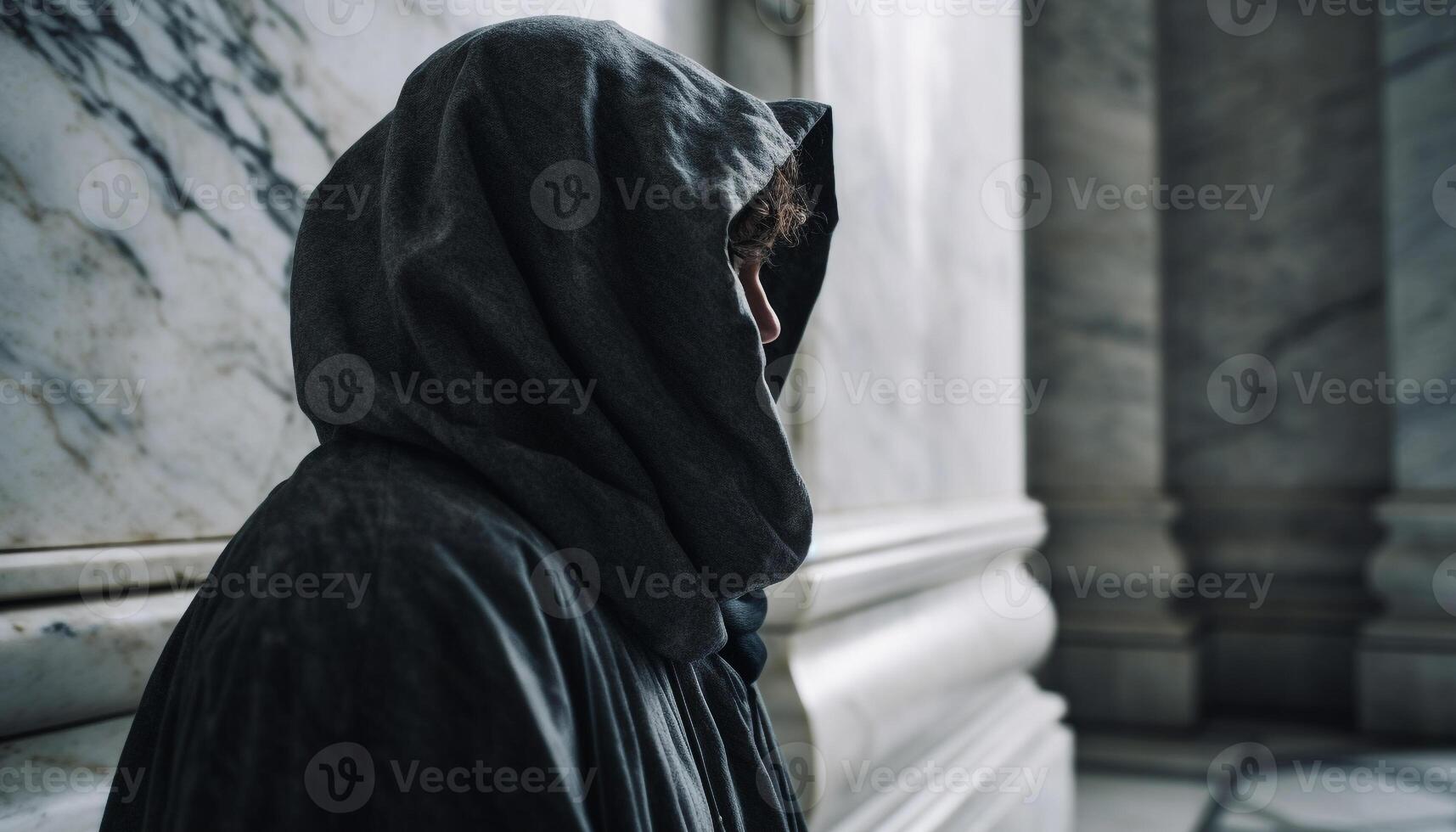 met een kap dief wandelen in eenzaamheid, vermomd in religieus sluier gegenereerd door ai foto