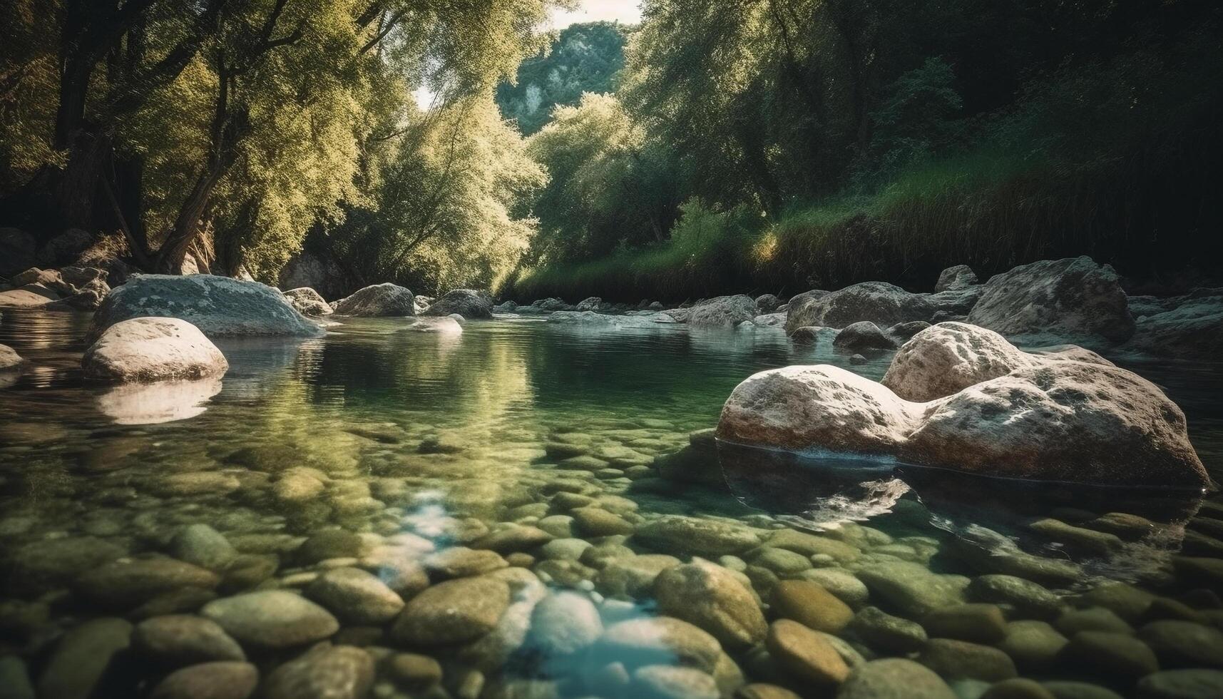 rustig tafereel van vloeiende water in een niet stedelijk landschap gegenereerd door ai foto