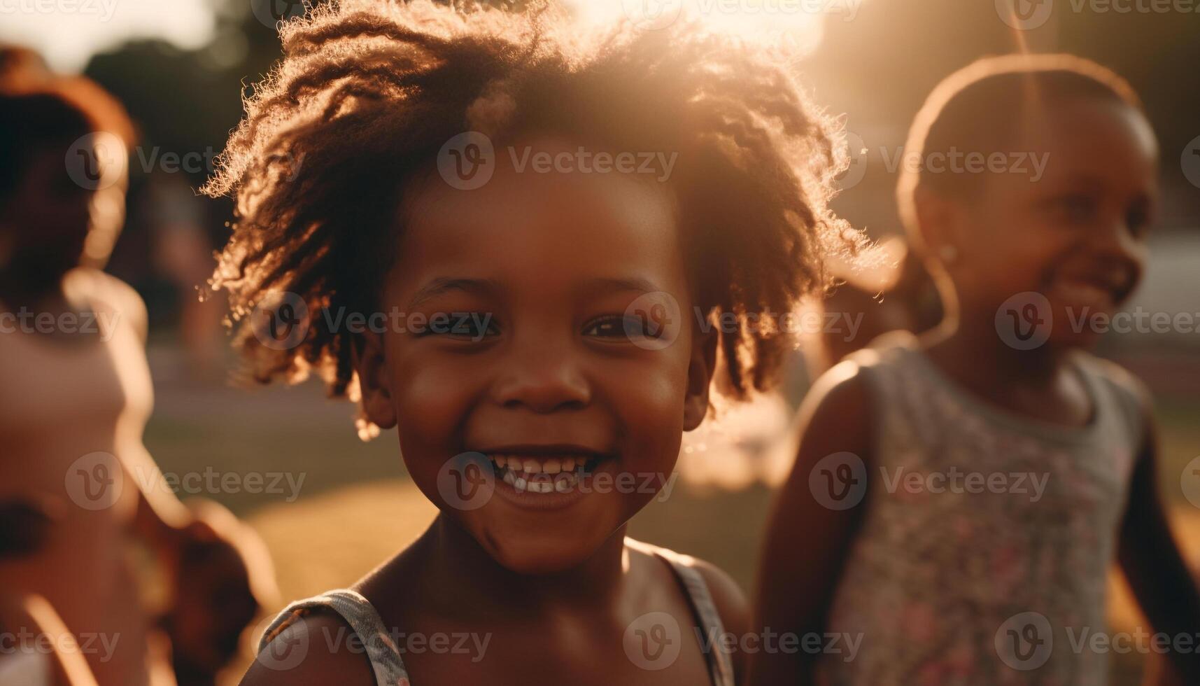 glimlachen groep van kinderen genieten van zorgeloos zomer buitenshuis samen gegenereerd door ai foto