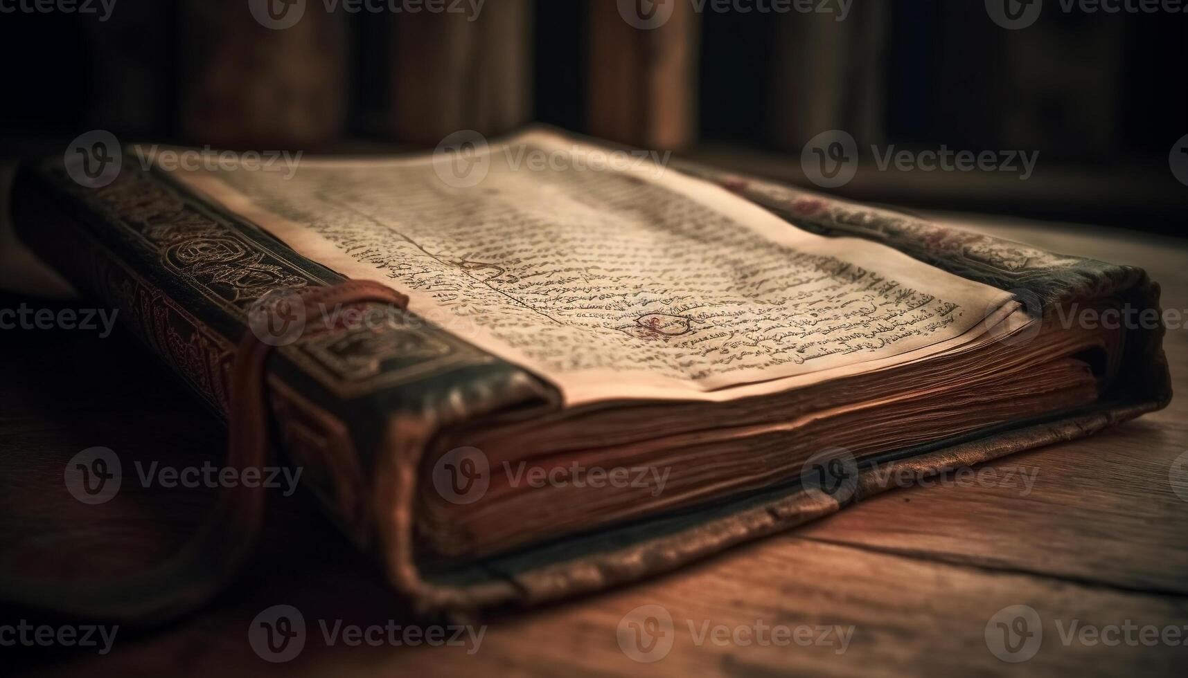 antiek Bijbel Aan houten tafel aan het leren wijsheid van religieus teksten gegenereerd door ai foto