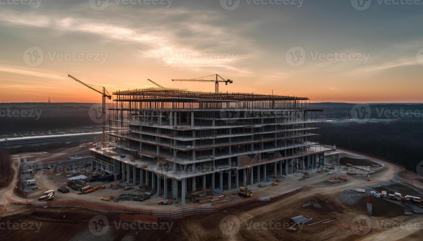 hoog hoek visie van bouw plaats Bij schemering, staal wolkenkrabber stijgende lijn gegenereerd door ai foto