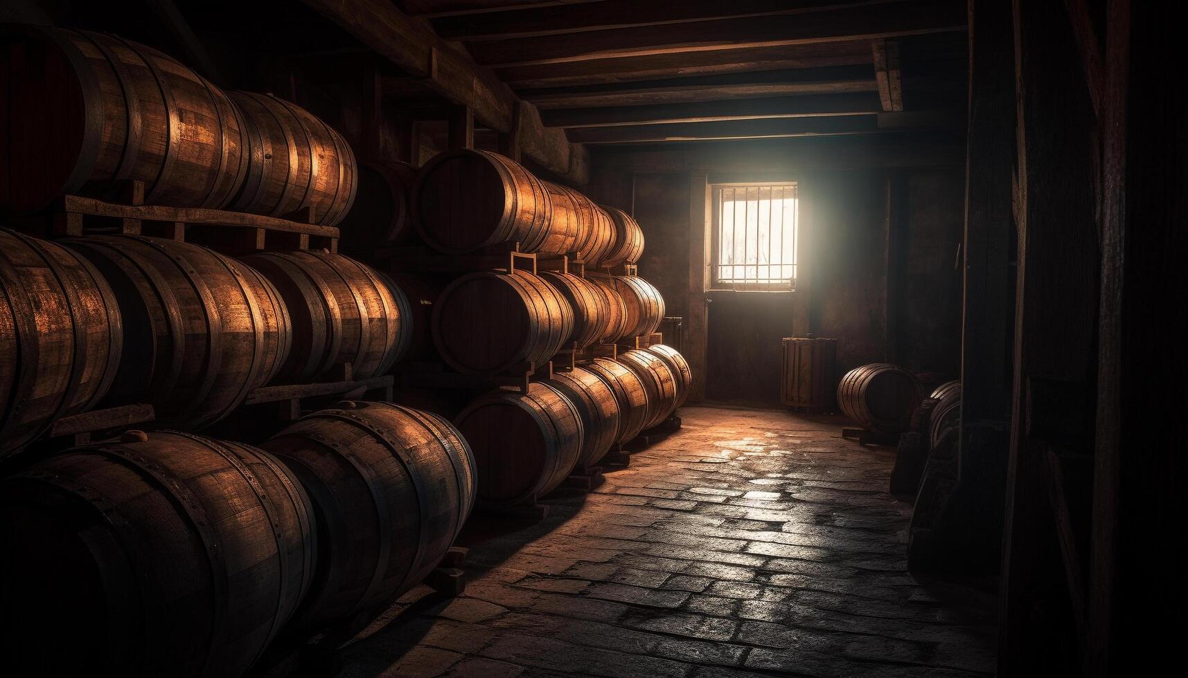 oud wijnmakerij winkels whisky vaatjes in donker ondergronds kelder gegenereerd door ai foto