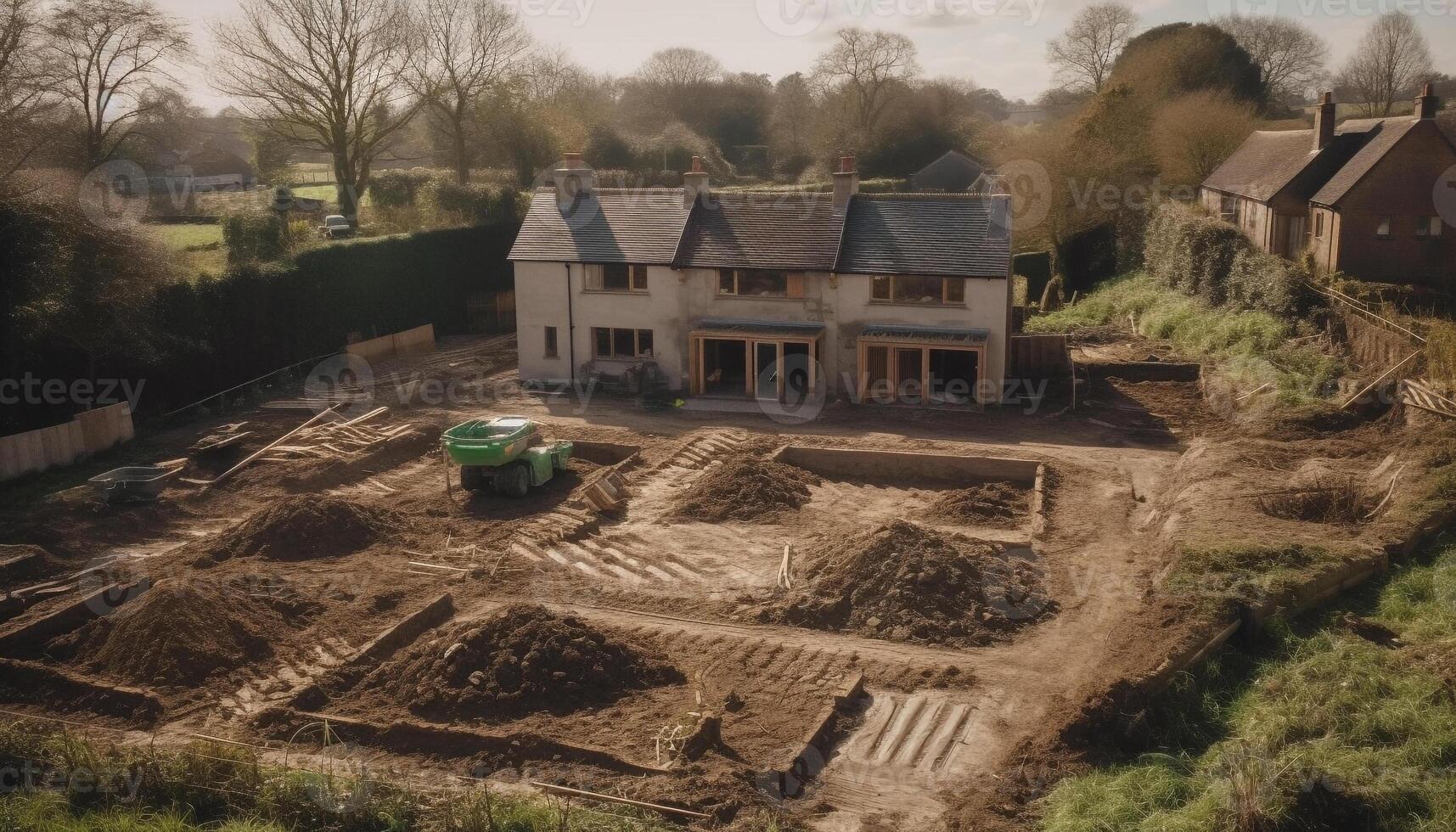 landelijk tafereel met oud apparatuur, graven, en bouw werkzaamheid gegenereerd door ai foto