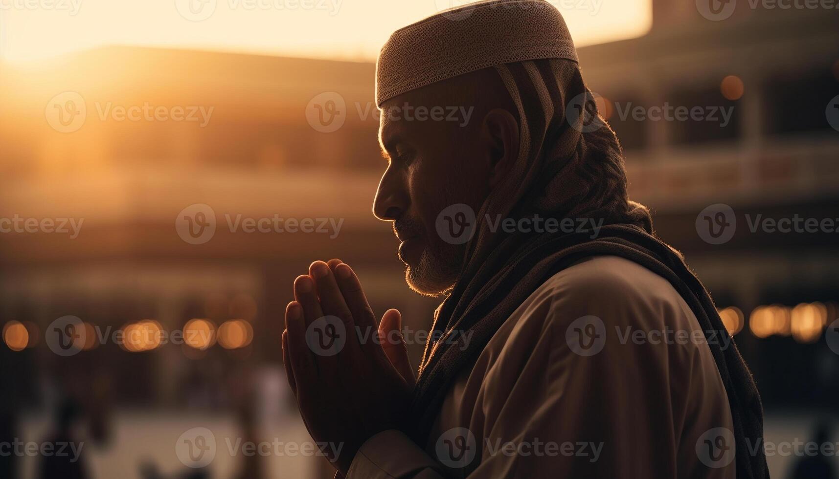 een Mens bidden buitenshuis, terug lit door sereen zonsondergang gegenereerd door ai foto