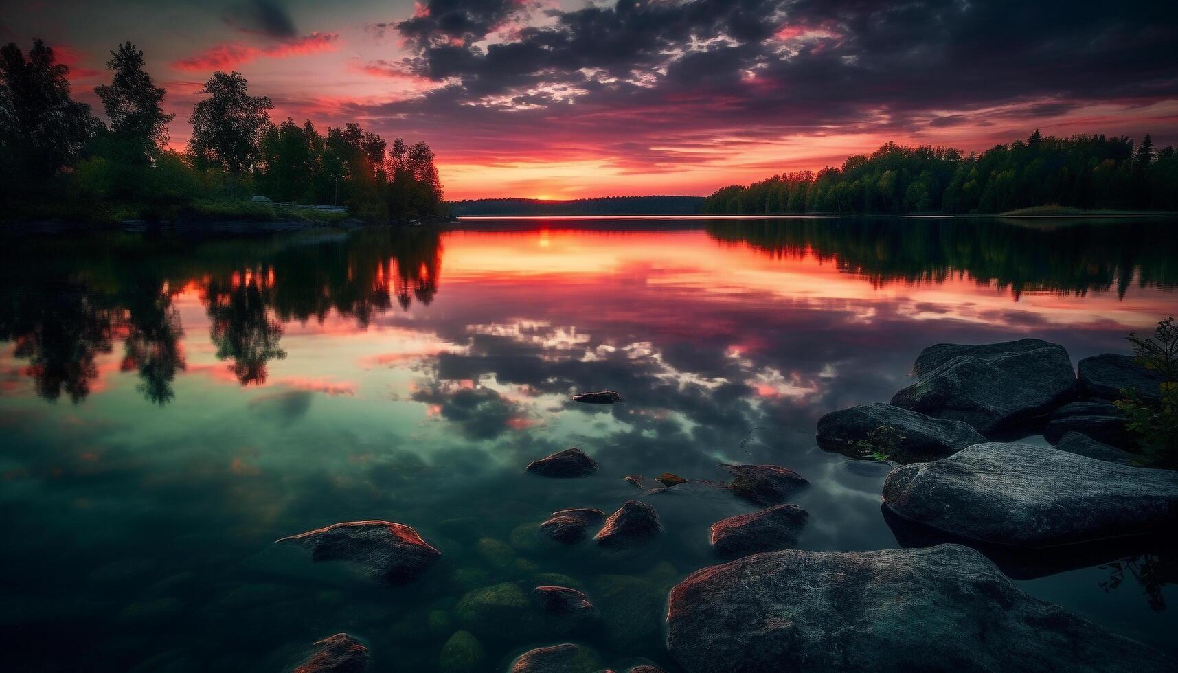 rustig geel zonsondergang over- wateren kant, ontspanning generatief ai foto