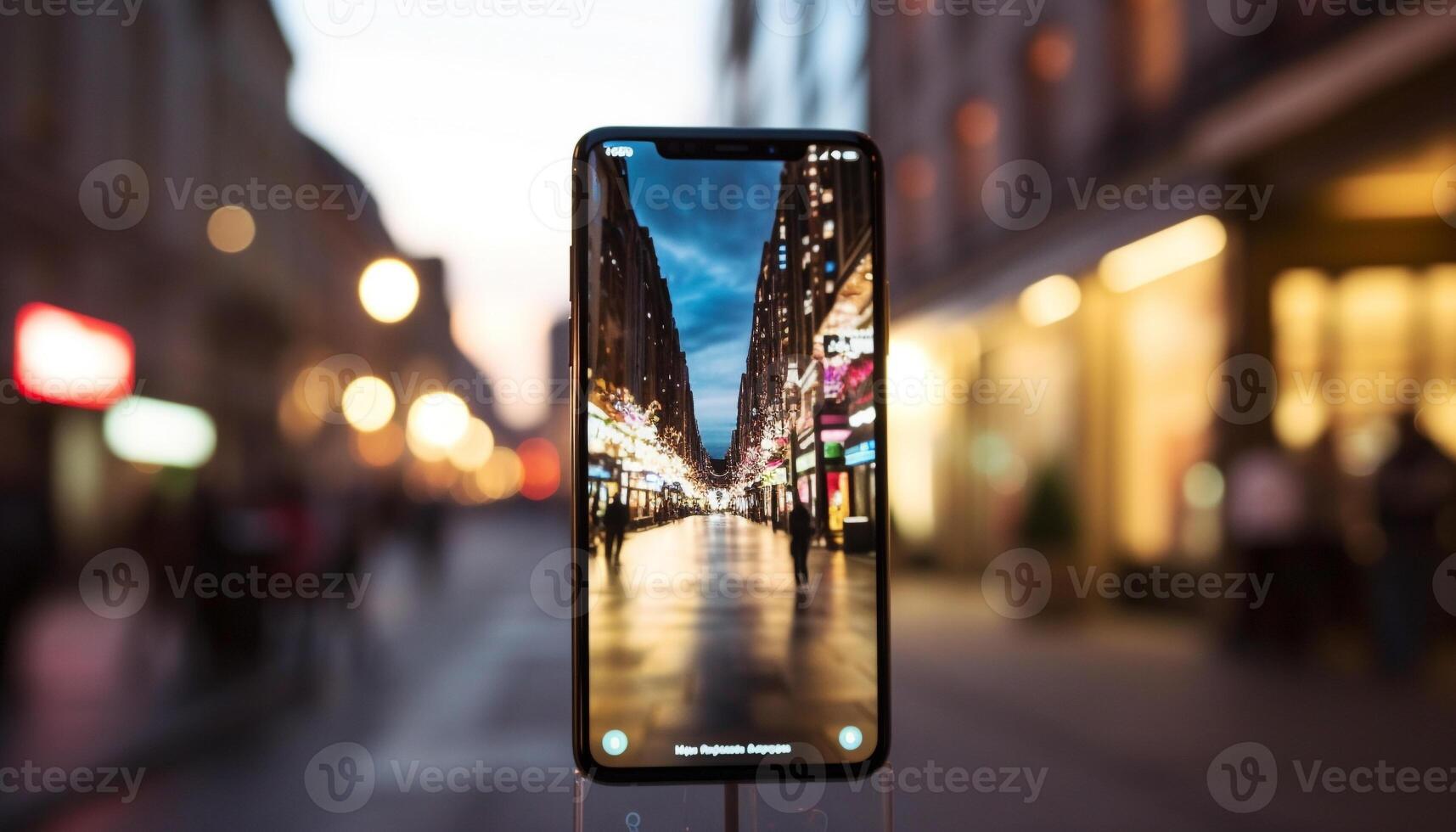 slim telefoon verlicht stad horizon Bij schemer gegenereerd door ai foto