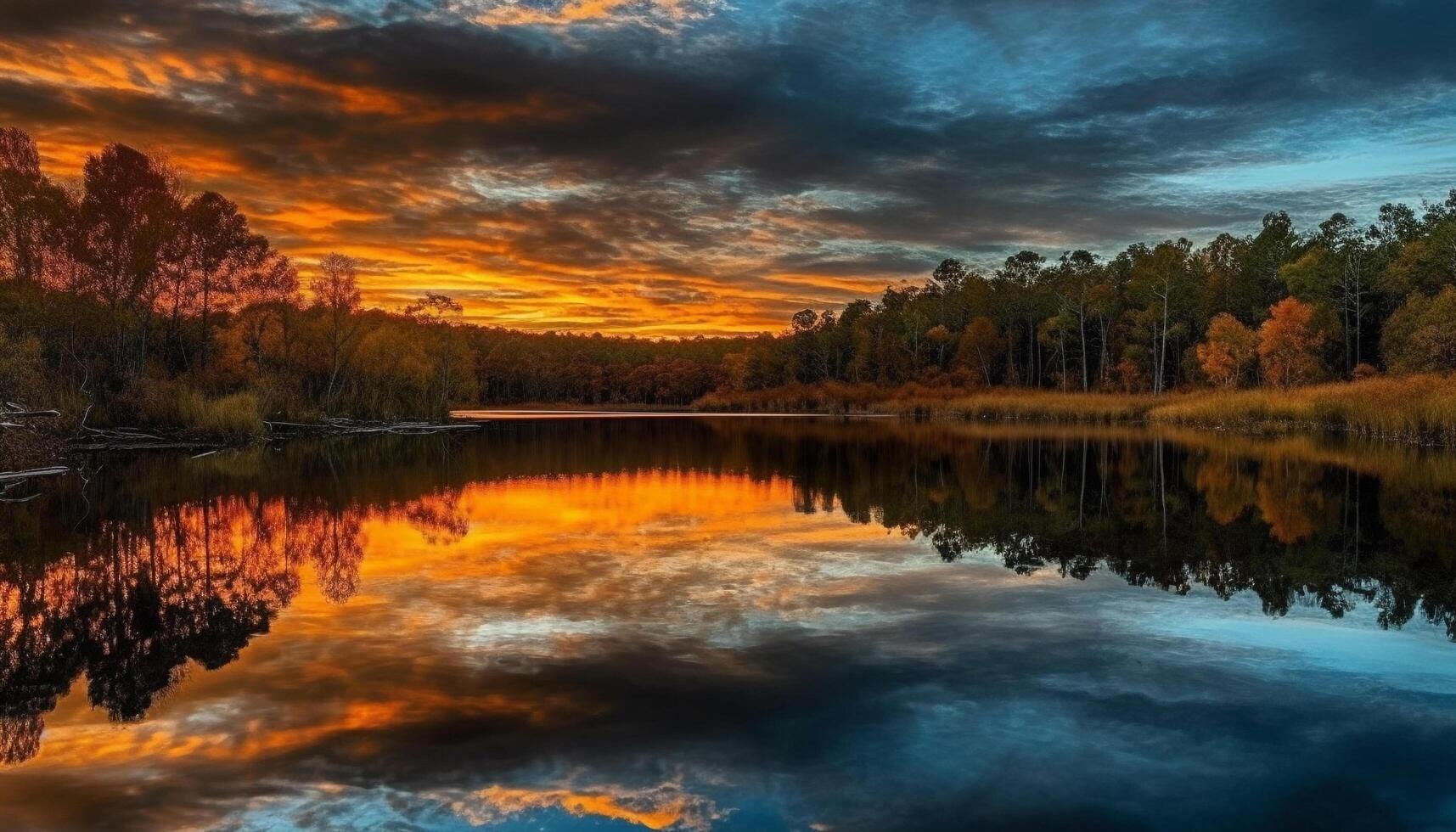 majestueus berg weerspiegelt levendig zonsondergang over- rustig vijver gegenereerd door ai foto