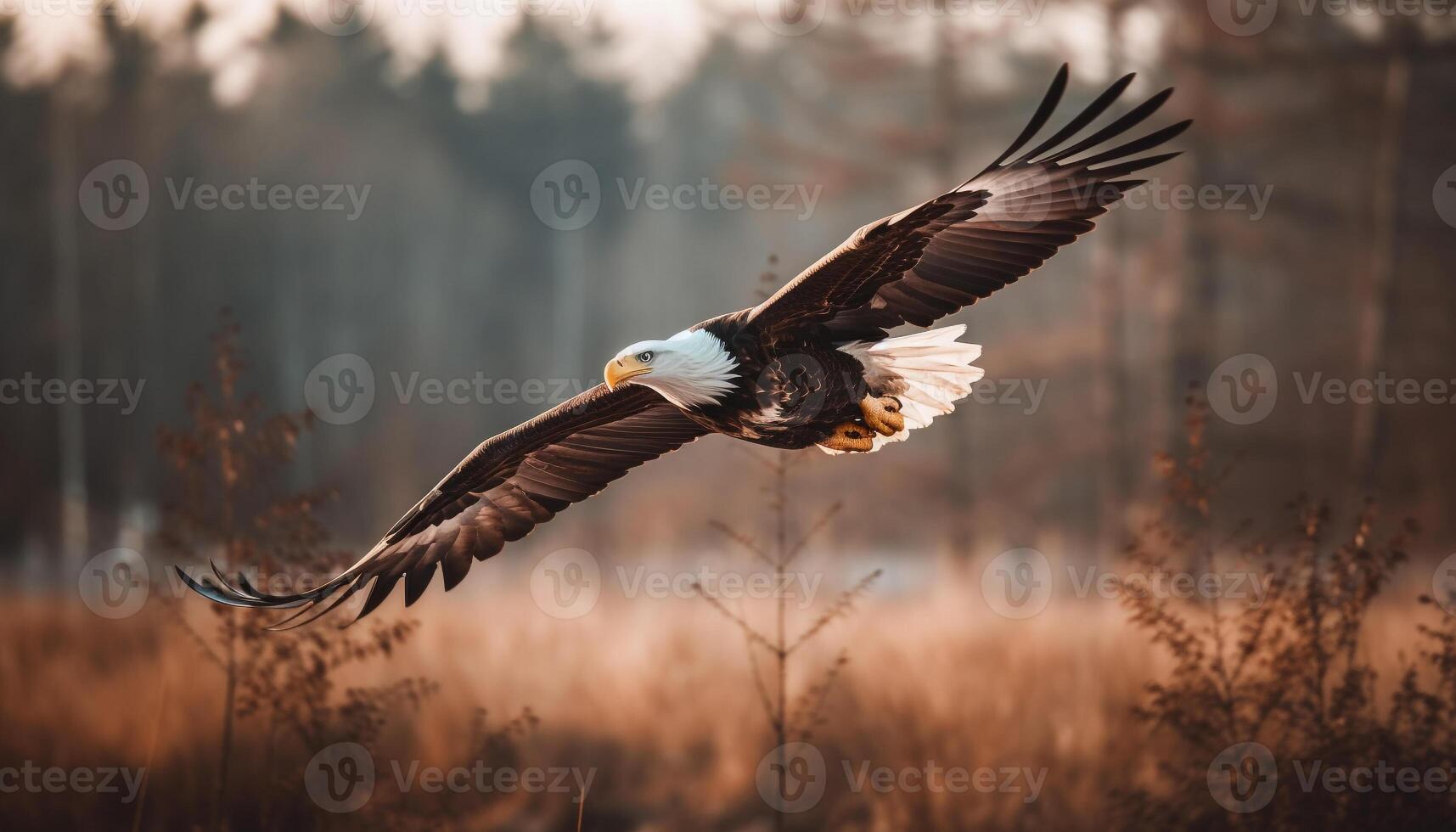 majestueus kaal adelaar verspreidt Vleugels in vlucht gegenereerd door ai foto