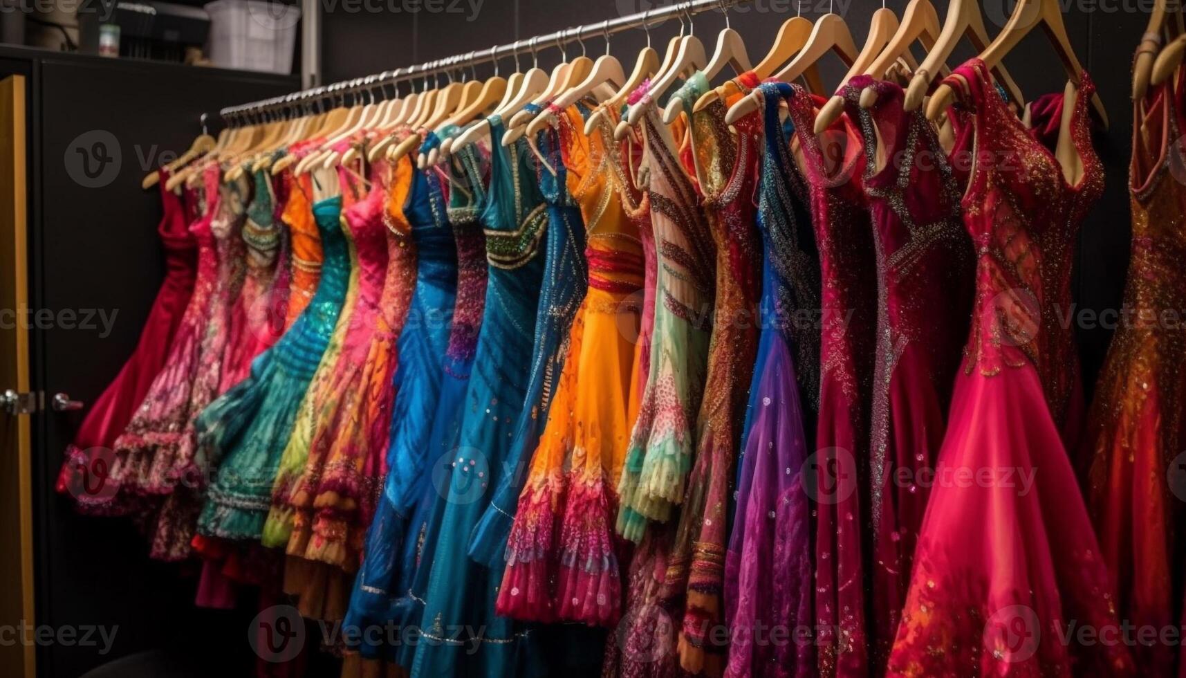 levendig kleding verzameling hangende in modern winkel gegenereerd door ai foto