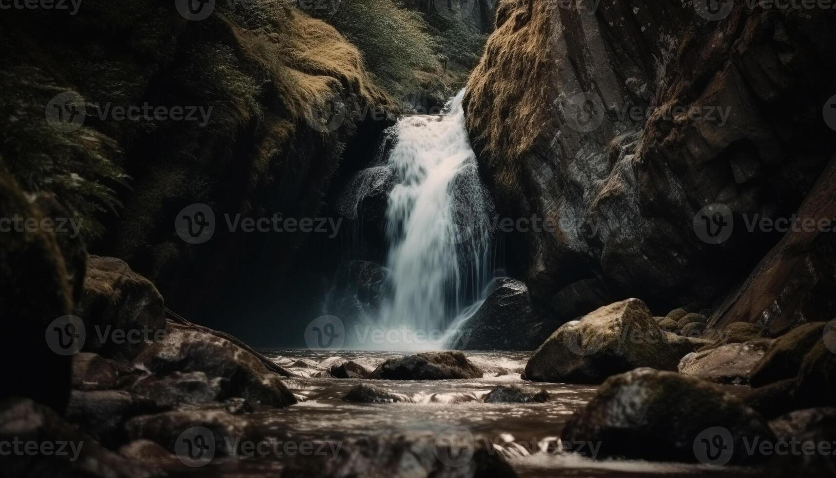 vloeiende water watervallen naar beneden rotsachtig berg terrein gegenereerd door ai foto