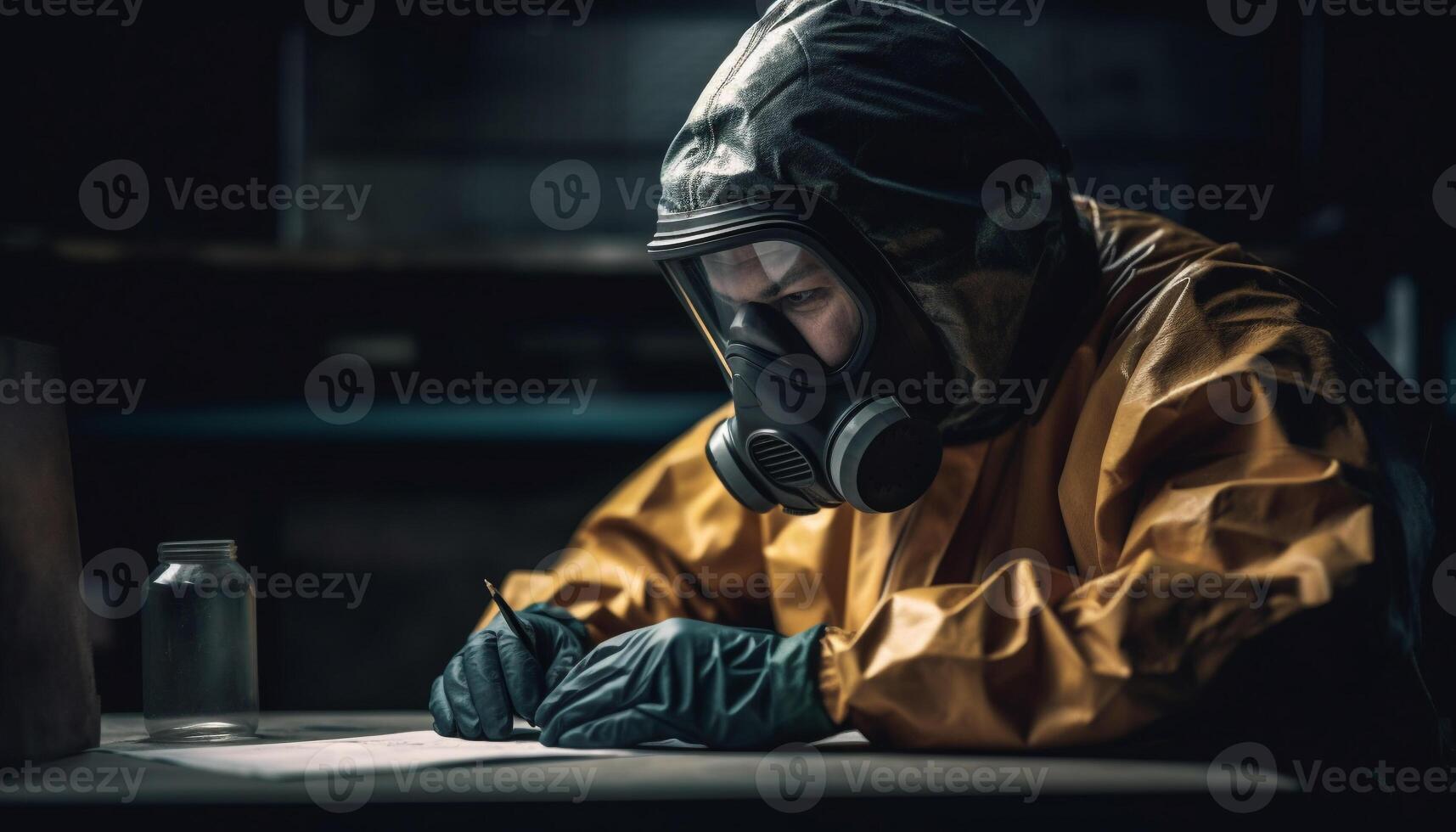 Kaukasisch wetenschapper in beschermend werkkleding voert experiment gegenereerd door ai foto