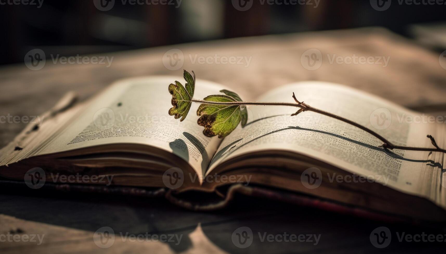 oud Bijbel Aan antiek tafel, dichtbij omhoog blad gegenereerd door ai foto