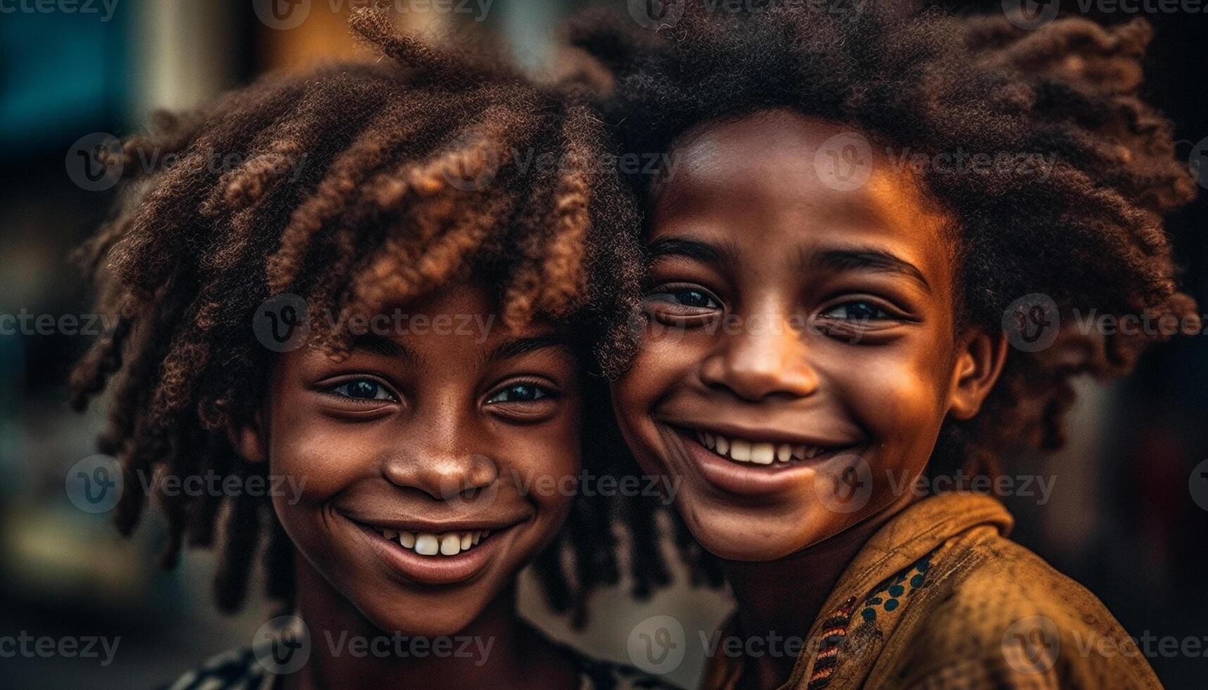 glimlachen broers en zussen bonding buitenshuis, genieten van zorgeloos kinderjaren samen gegenereerd door ai foto
