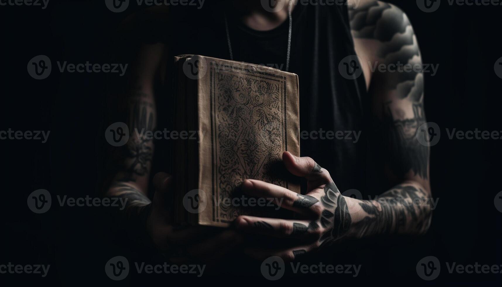 een persoon lezing Bijbel, hand- Holding kruis gegenereerd door ai foto