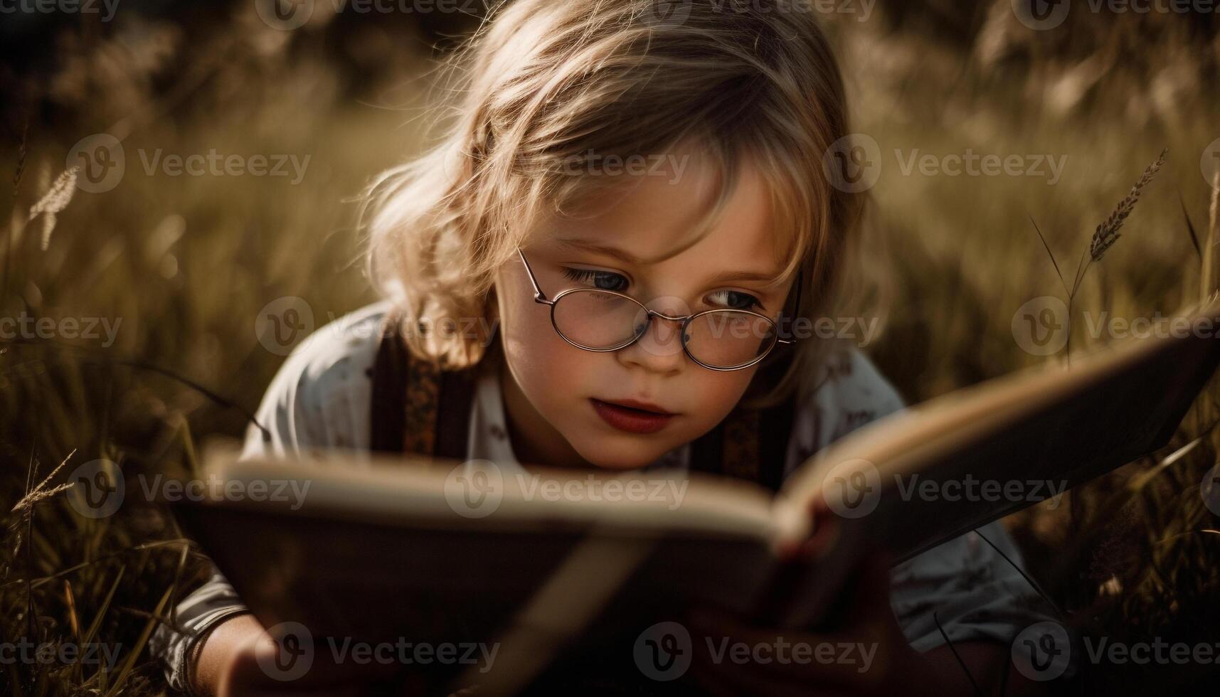 schattig meisje aan het studeren buitenshuis, Holding afbeelding boek gegenereerd door ai foto