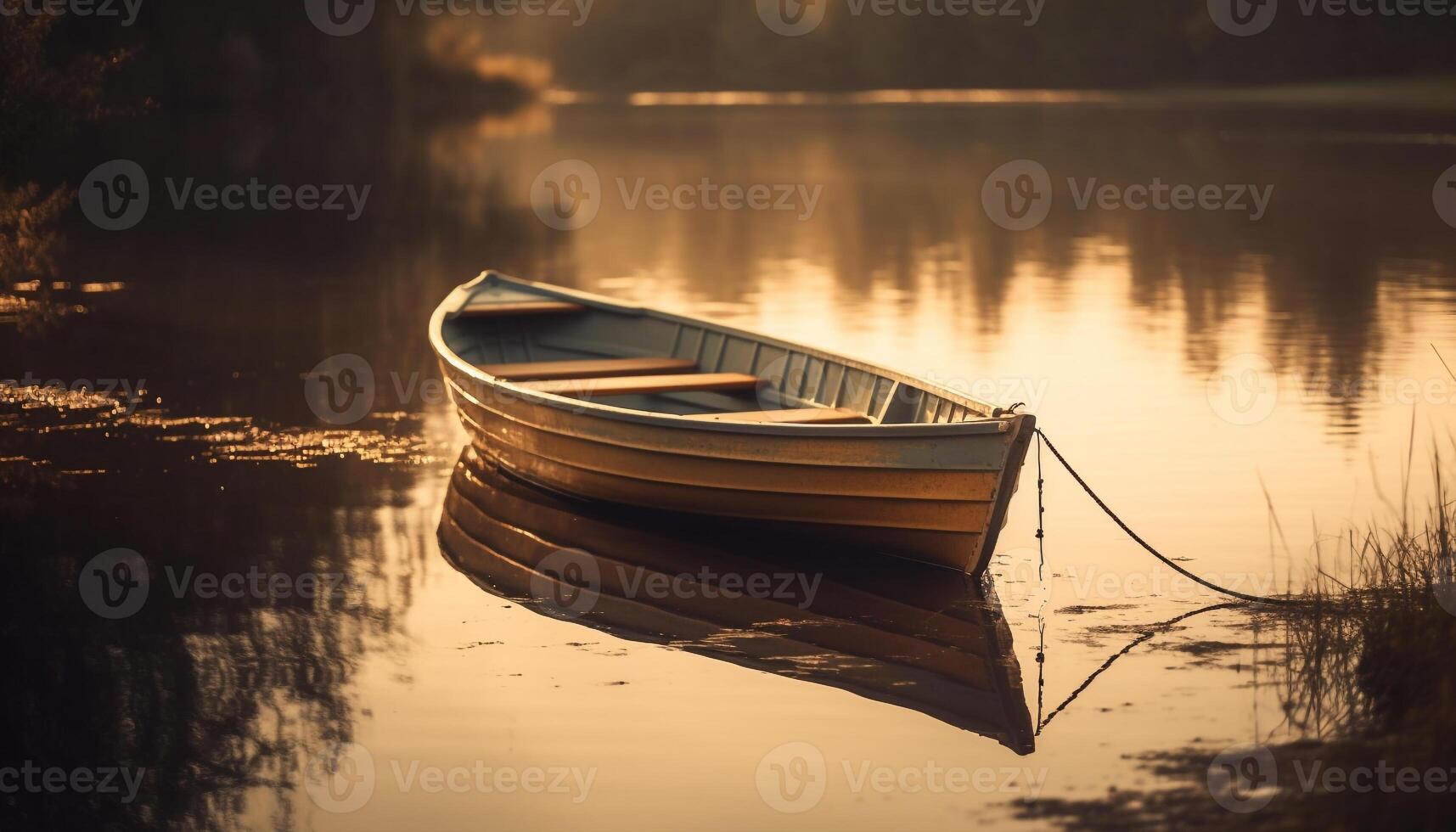 rustig zonsondergang Aan vijver, roeiboot weerspiegelt schoonheid gegenereerd door ai foto