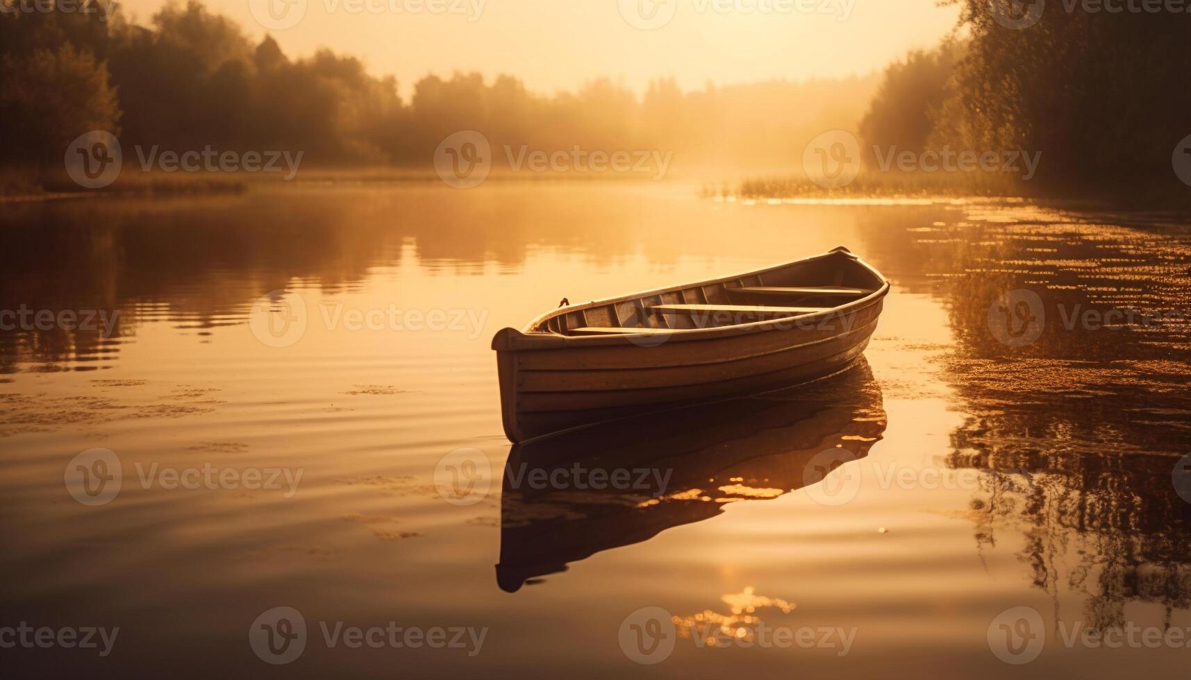 roeiboot glijdt Aan rustig vijver Bij zonsondergang gegenereerd door ai foto