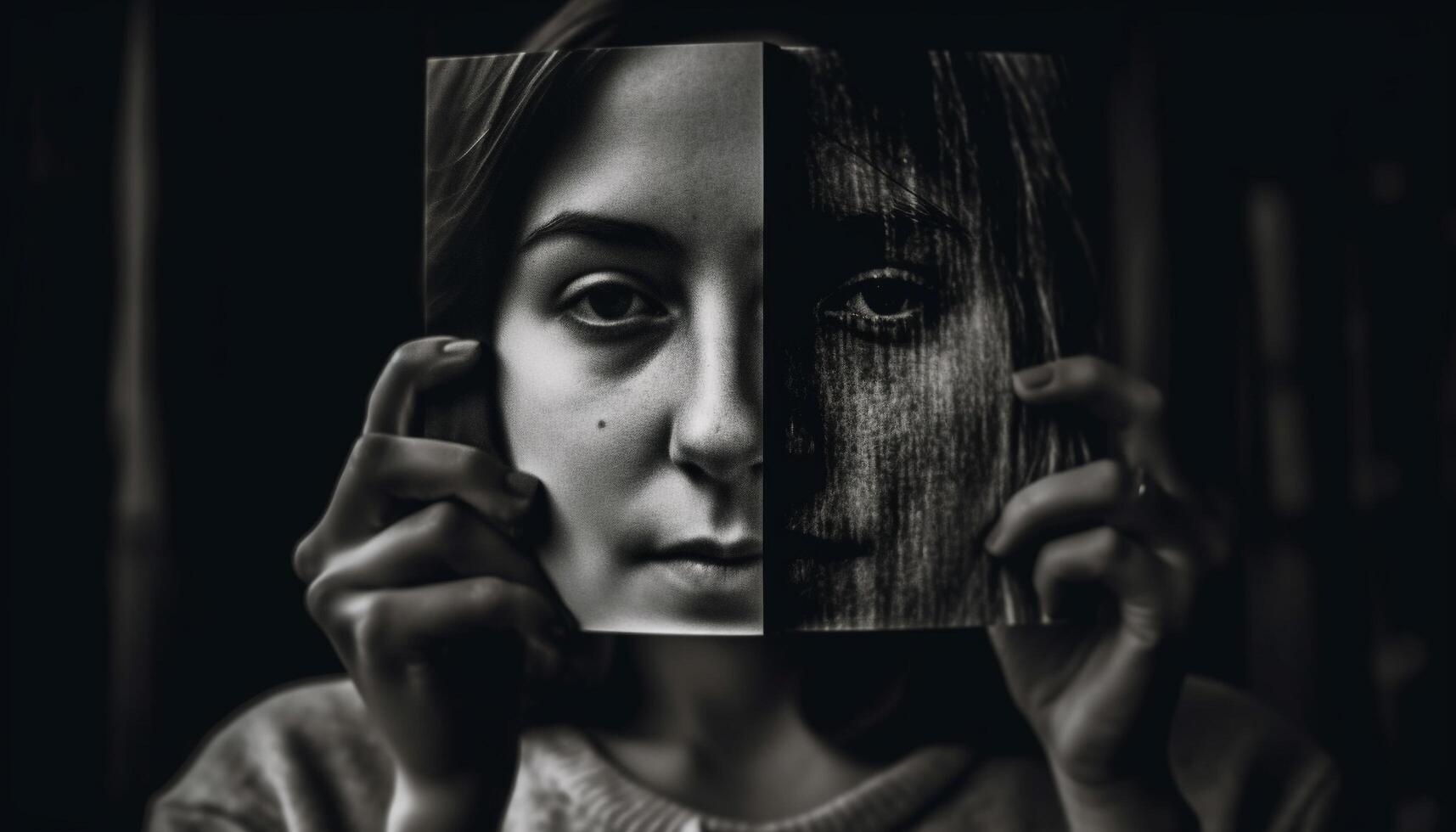 jong vrouw droefheid verbergt achter zwart venster gegenereerd door ai foto