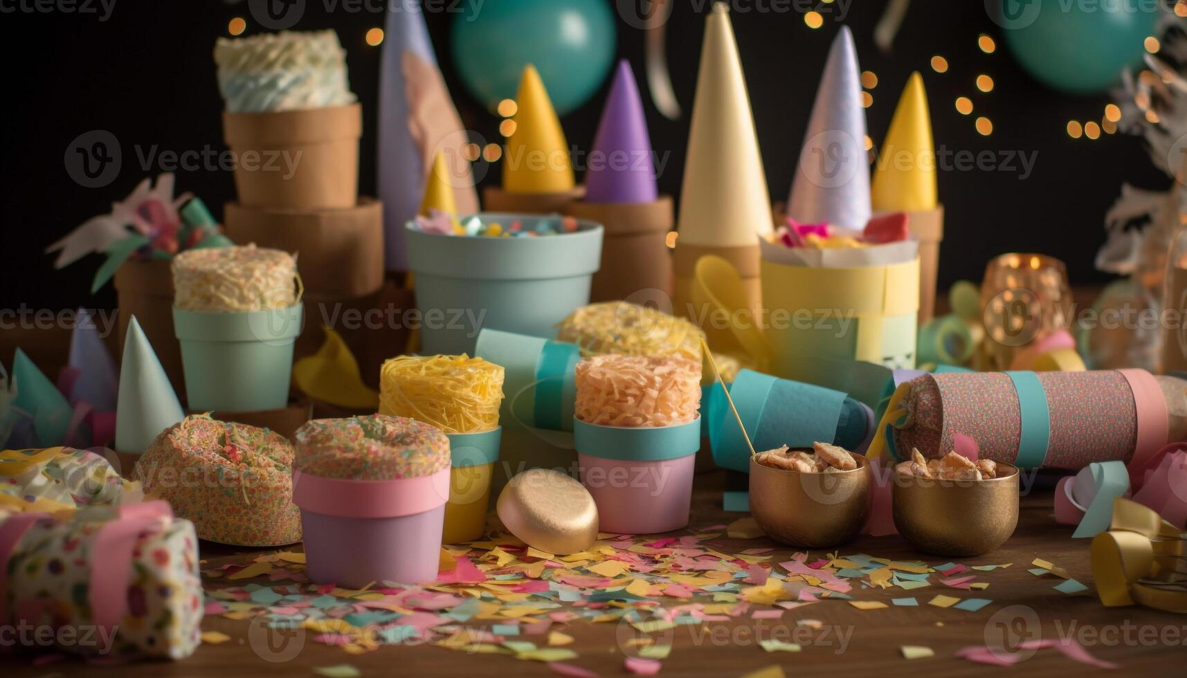 levendig confetti decoratie wordt helderder viering met multi gekleurde slingers en ballonnen gegenereerd door ai foto