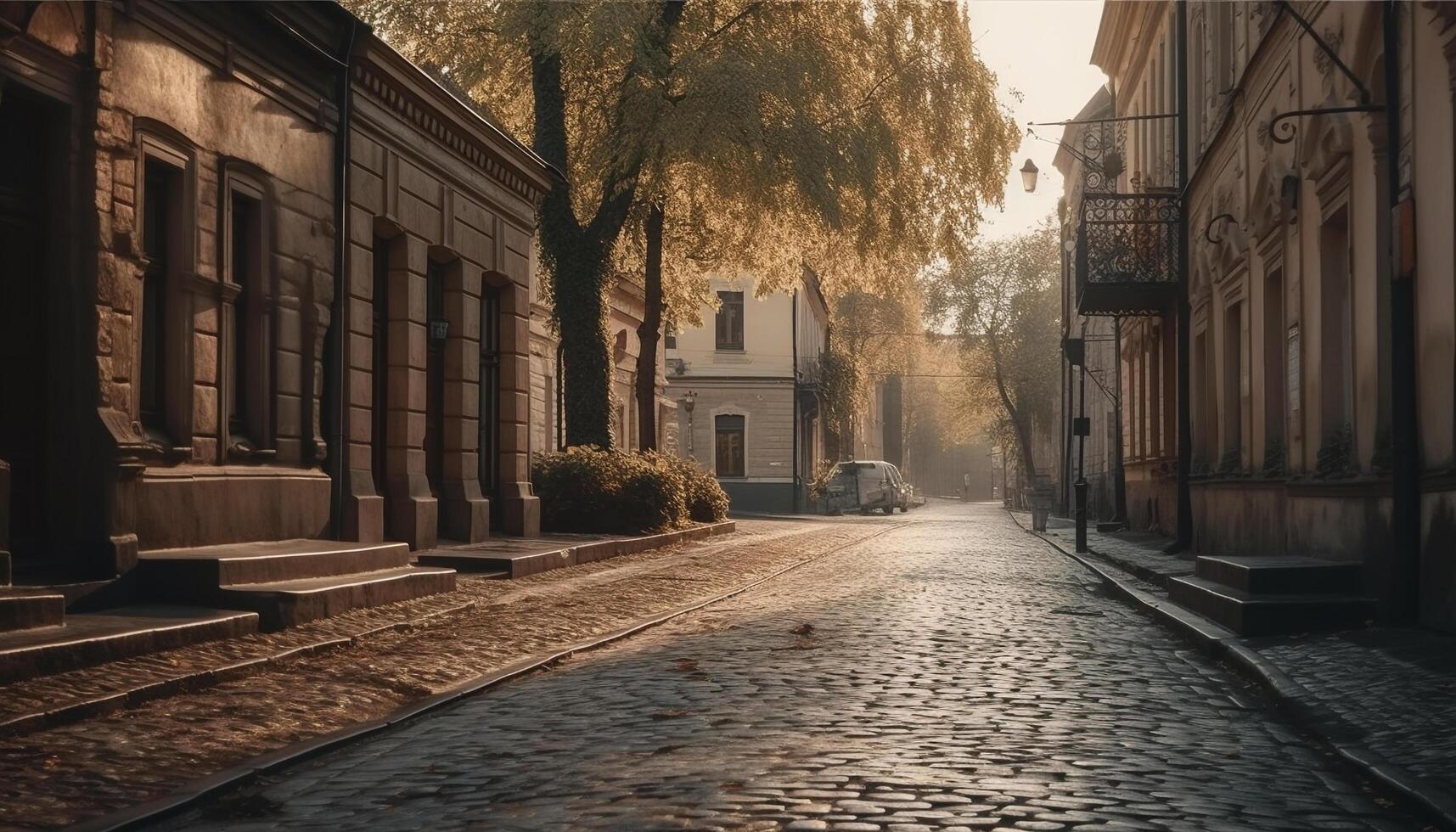 oud stad straat, verlichte door zonsondergang, verdwijnen punt in afstand gegenereerd door ai foto