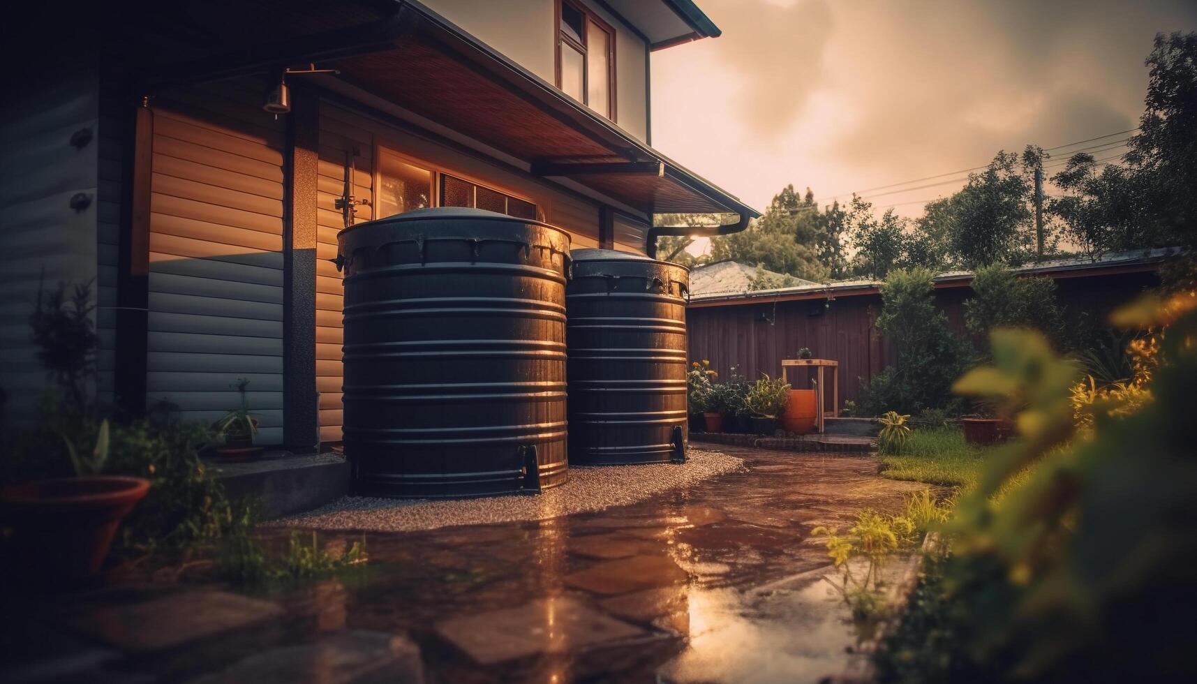 landelijk wijnmakerij uitrusting gestapeld buitenshuis, zonsondergang weerspiegelt Aan vat houder gegenereerd door ai foto