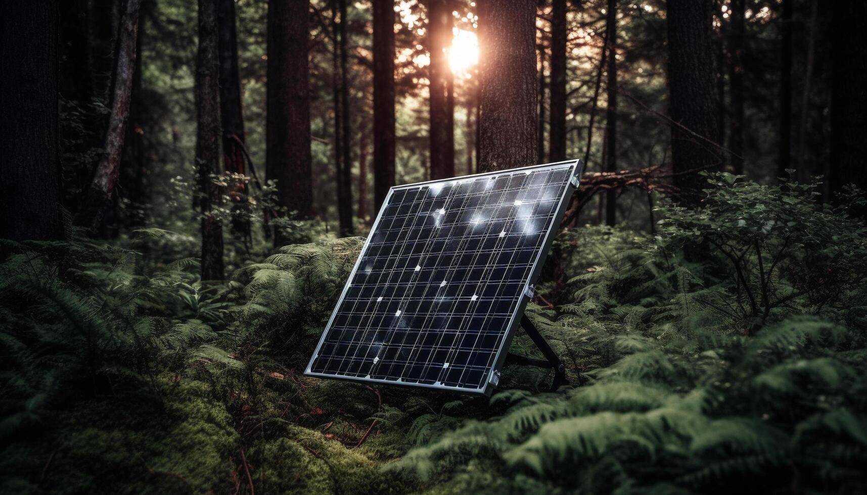 futuristische zonne- macht station verlicht landelijk berg landschap met duurzame middelen gegenereerd door ai foto